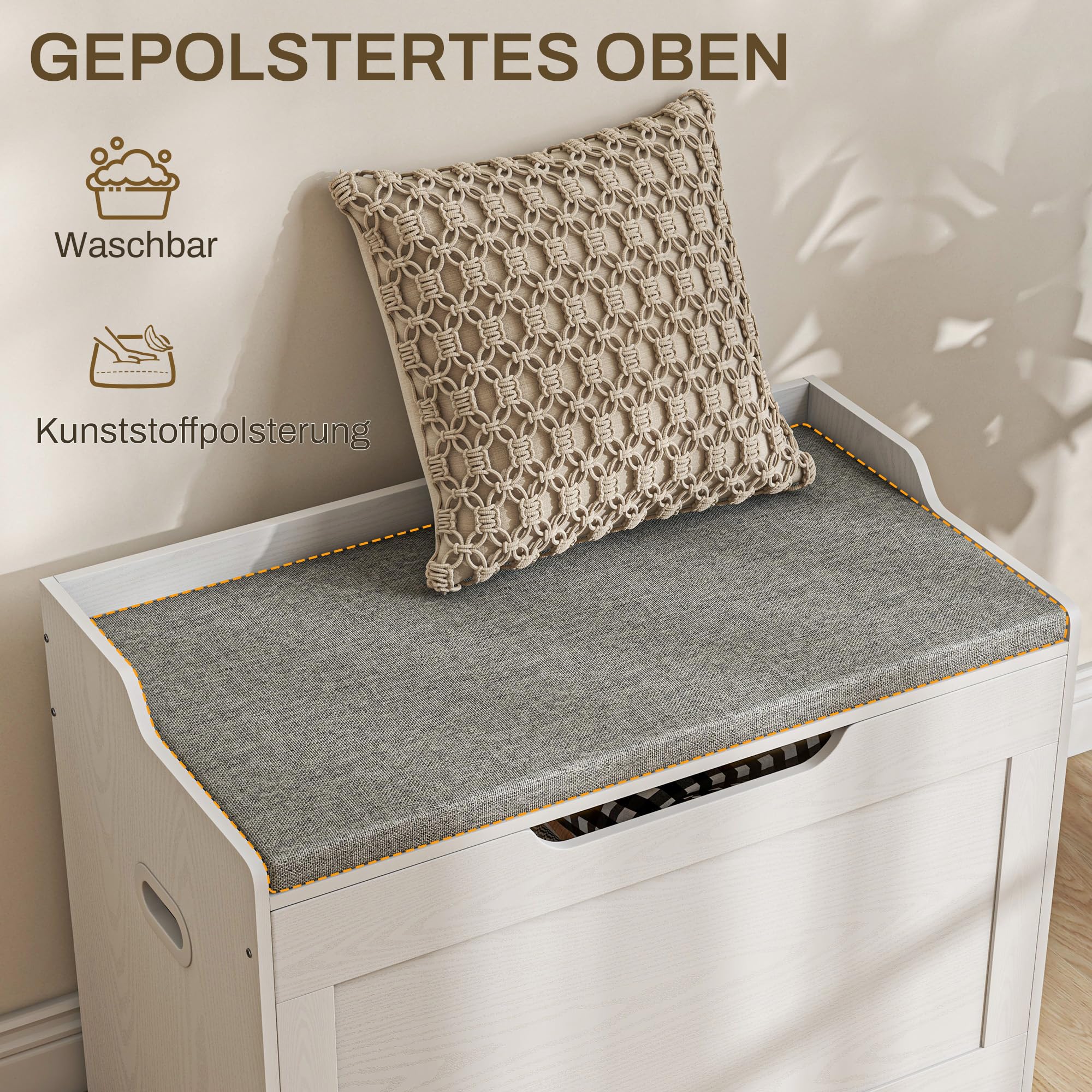 HOMCOM Baúl de 103 litros con tapa, asiento, baúl con espacio de almacenamiento, cojín de asiento extraíble, para salón, dormitorio, blanco