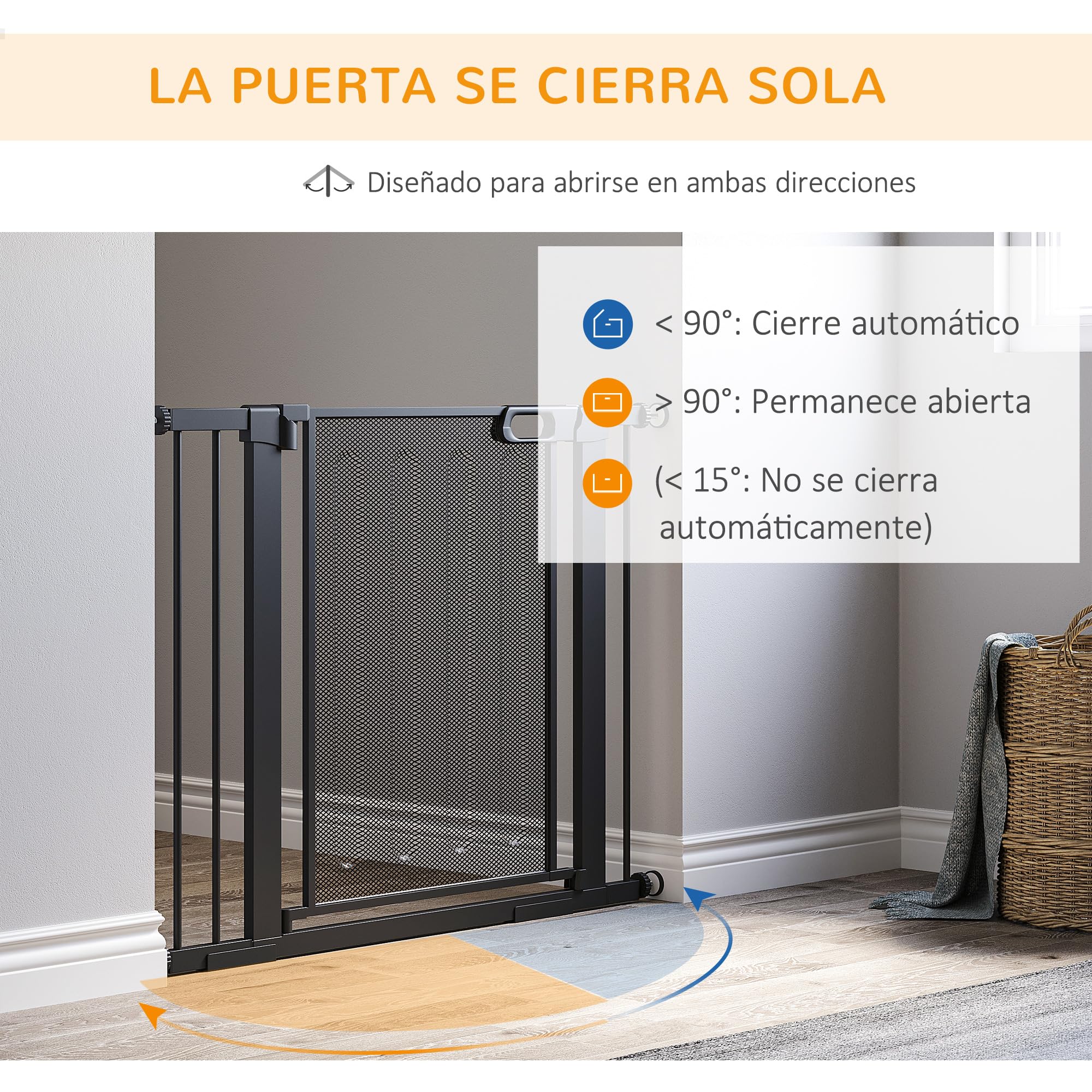 PawHut Barrera de Seguridad para Perros Extensible 75-103 cm Barrera para Escalera Puerta con 2 Extensiones 7 y 14 cm Doble Bloqueo Cierre Automático Negro