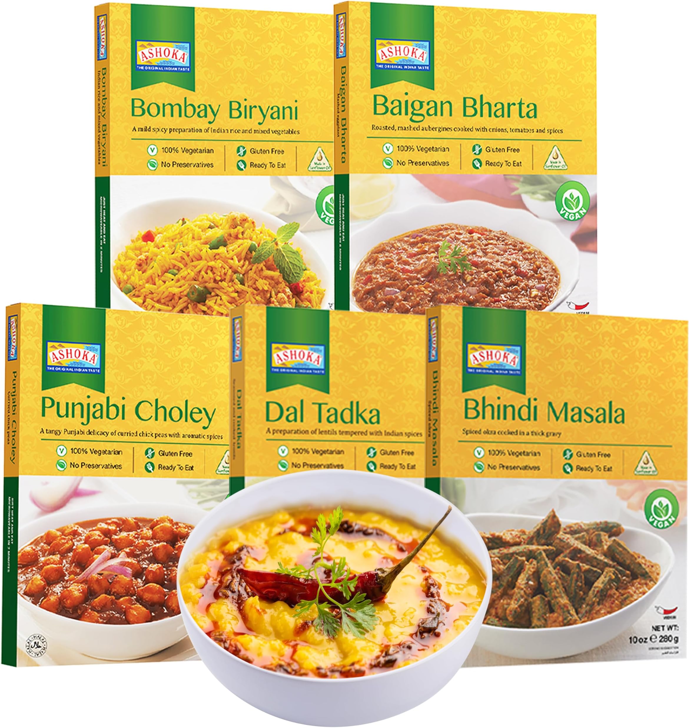 Authentic Indian Meals 1932, Vegan Sampler Pack, Kosher Certified, Ready to Eat Meal Kit, All-Natural Microwave Friendly, Great for Hiking & Camping, Gluten-Free, No Preservatives, Pack of 5