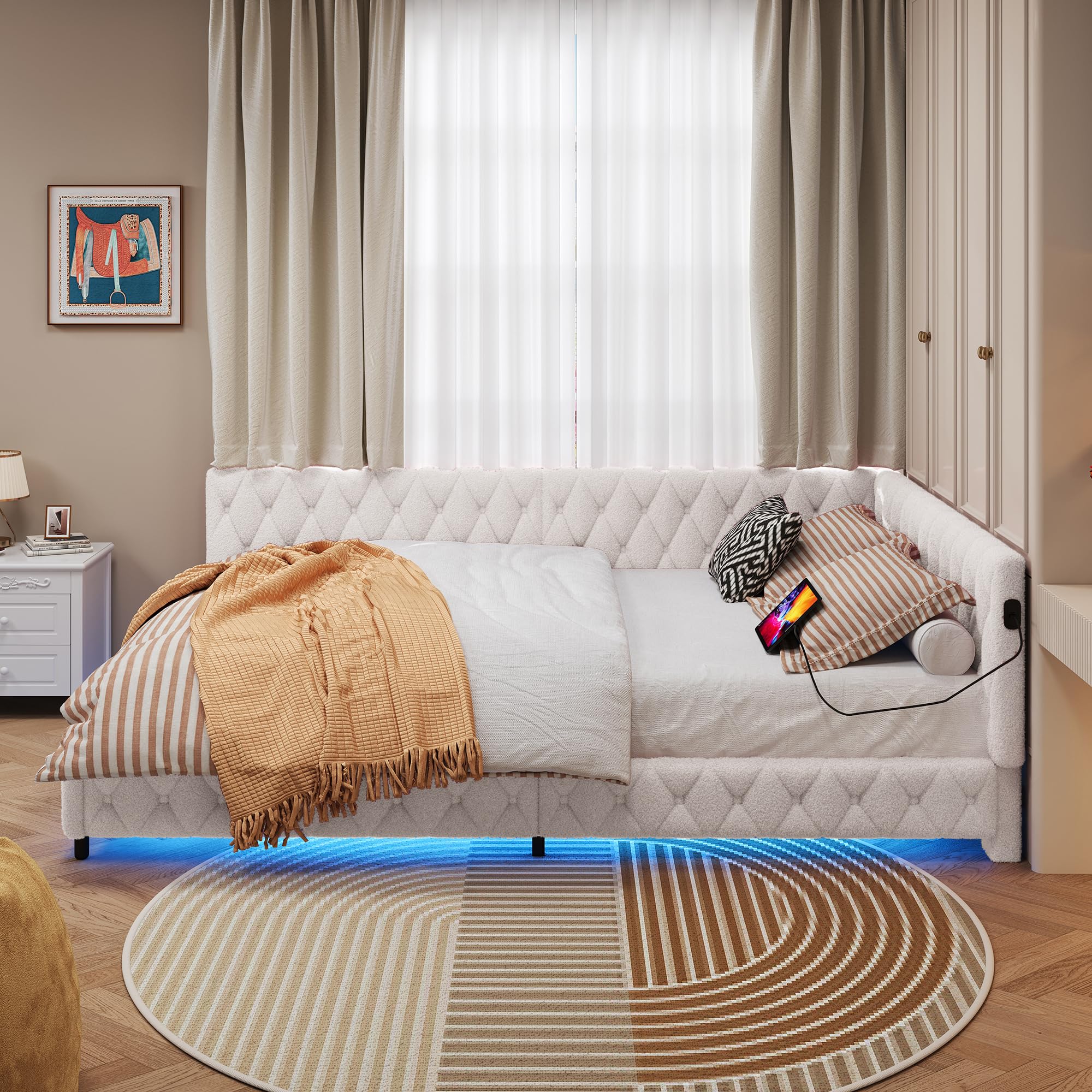 Kinderbett Polsterbett 140x200,Einzelbett Multifunktionsbett mit LED-Beleuchtung und USB-Aufladung,Jugendbett 140x200 mit Led,Bettgestell mit Lattenrost,Ohne Matratze,Teddy Velvet