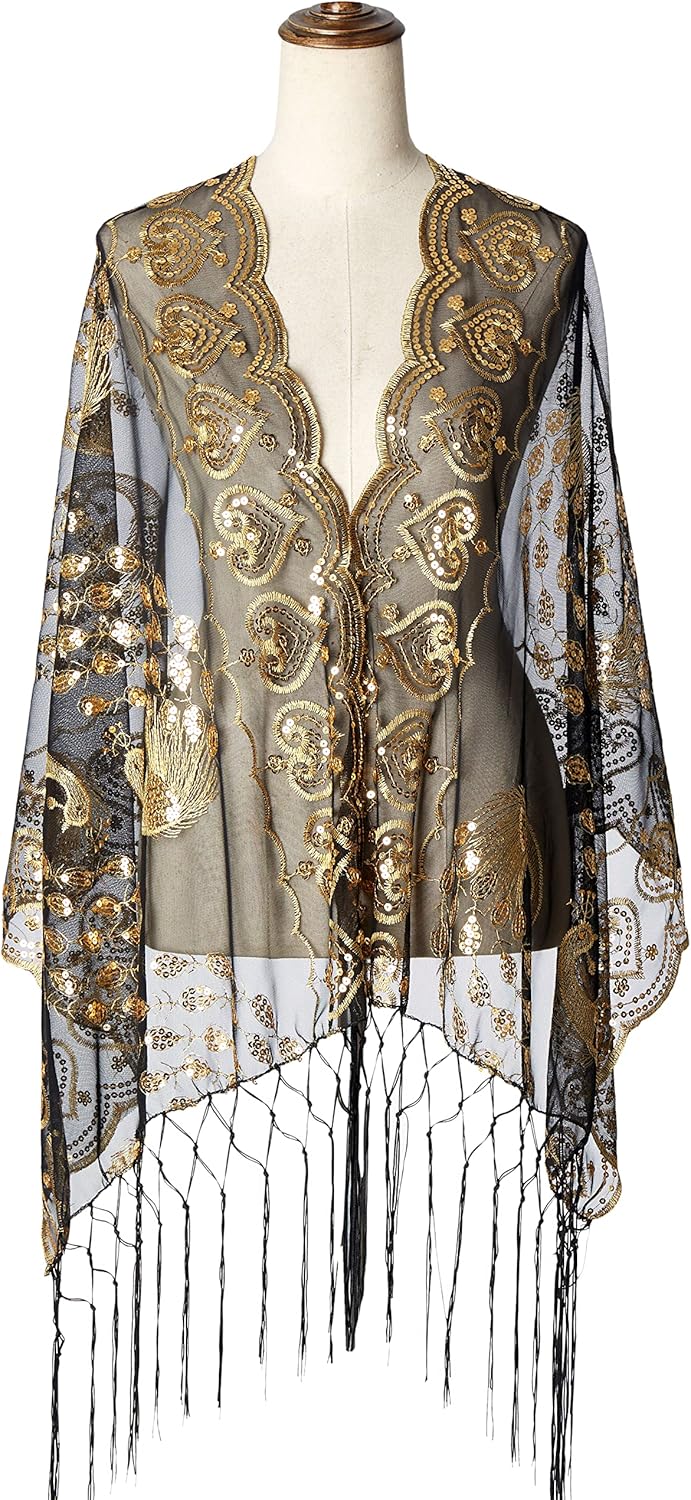 BABEYOND 1920s Sequined Shawl Wraps for Women Fringed Evening Cape Wedding Bridal Shawl Scarf for Evening Dresses Party - Image 3