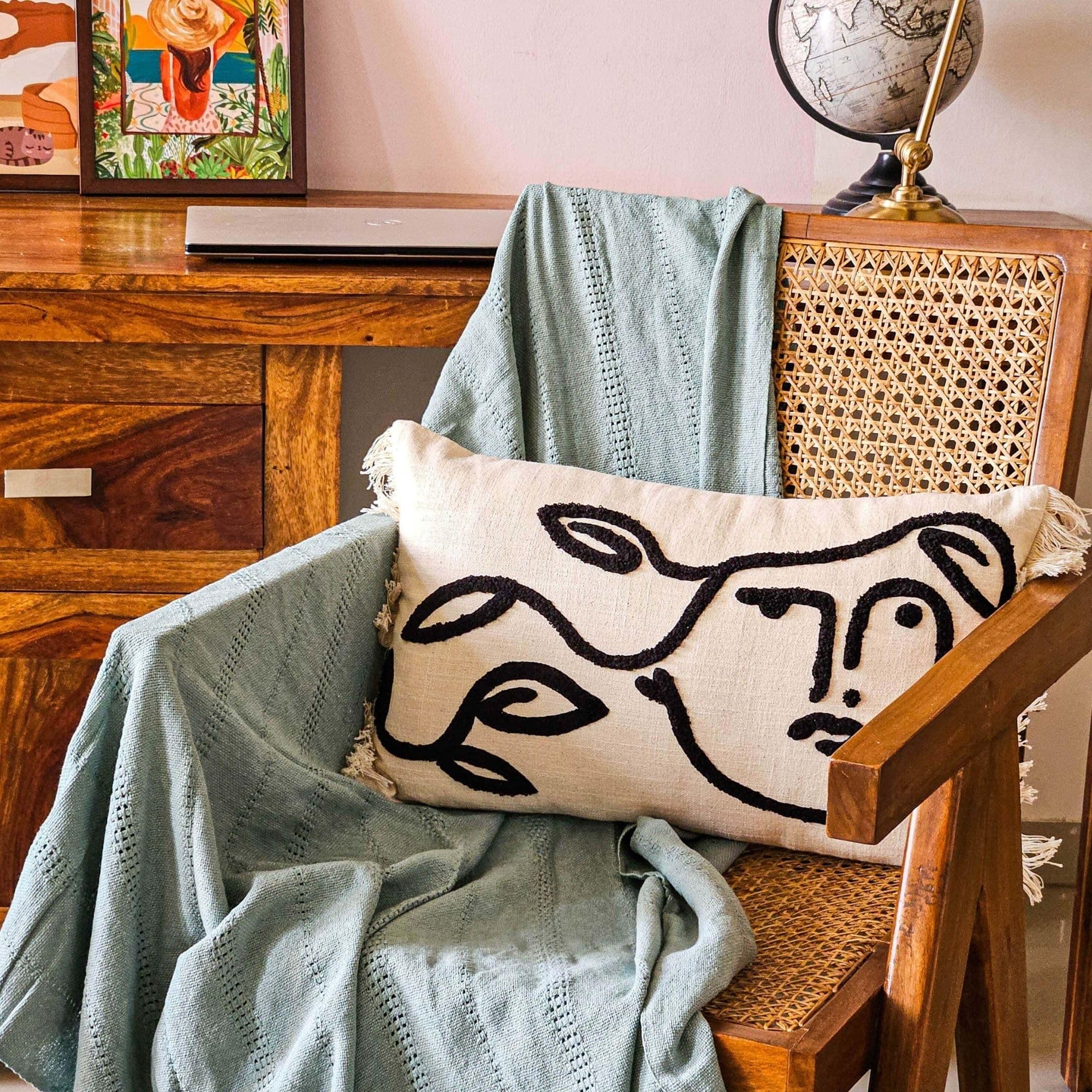 Hyppy Crazy Plant Lady Cushion Cover | Boho Pillow Cover Soft | 12 x 20 Inches | Rectangular Pillow | Ivory & Black Pillow for Room Decor | 100% Cotton | Home Decor |