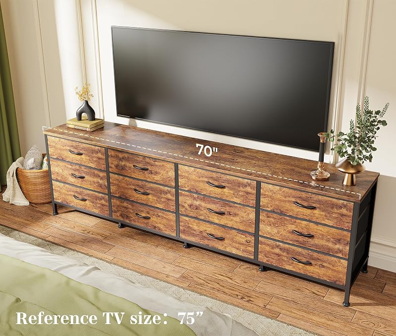 Huuger 70 Inch Dresser for Bedroom, TV Stand for 65, 75, 80 Inch TV, 12 Fabric Drawer Long Dresser, Large Entertainment Center for Bedroom, Wide Chest of Drawer with Storage, Rustic Brown image 2