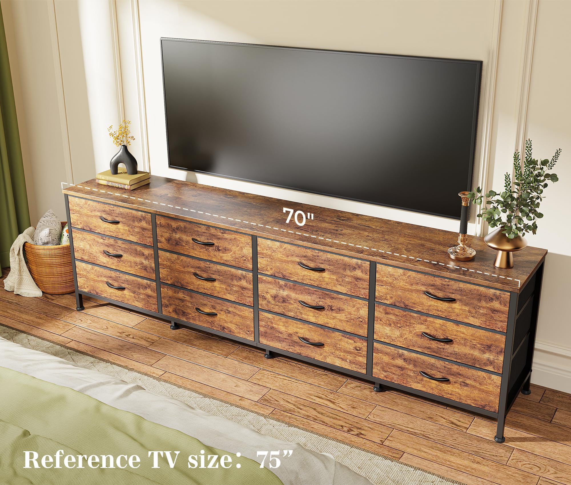 Cómoda de 70 pulgadas para dormitorio, soporte de TV para TV de 65, 75, 80 pulgadas, 12 cajones de tela, gran centro de entretenimiento para dormitorio, cómoda ancha con almacenamiento, marrón 2