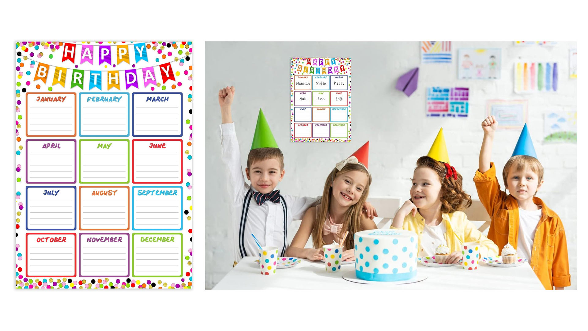 Reusable Happy Birthday Classroom Poster - Confetti Calendar, Dry Erase, Bulletin Board Decor, Teacher Supplies