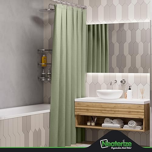 Vista 2 de NEATERIZE Cortina de ducha verde salvia, cortinas de ducha estilo hotel verde salvia para baño con diseño de gofre, 72 x 84 pulgadas, cortina
