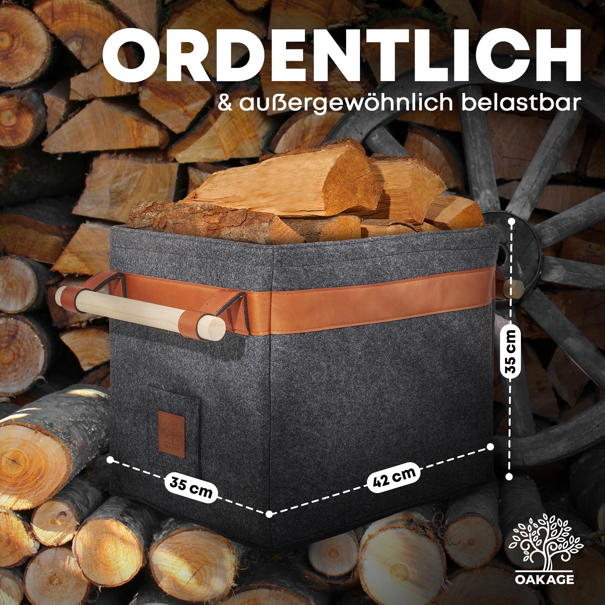 OAKAGE® Holzkorb für Kaminholz Groß [Integrierter Metallrahmen für Zusatzstabilität] Kaminholzkorb Filz Feuerholzkorb Brennholzkorb Kaminkorb Filzkorb | Korb Dunkelgrau