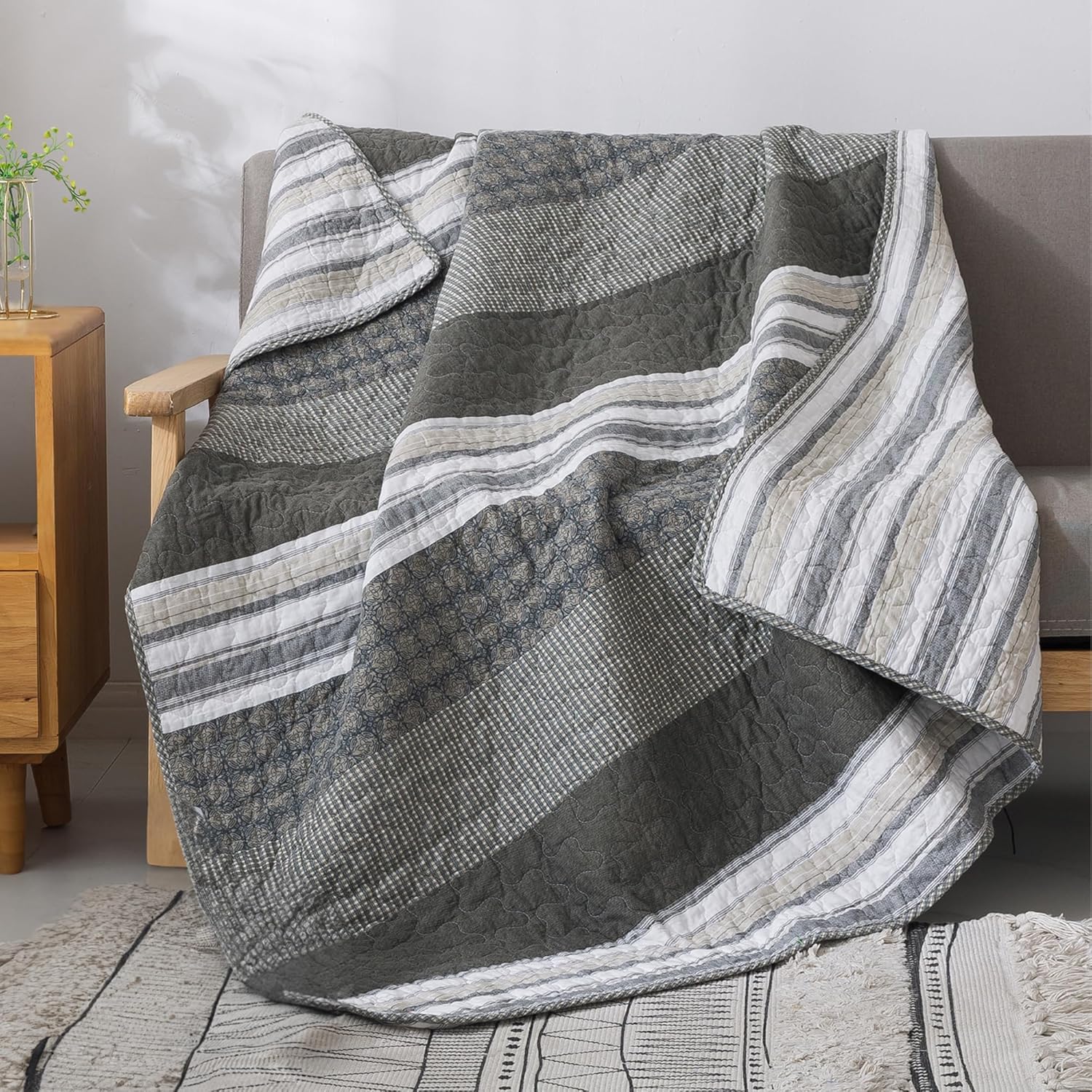 Soul & Lane Madrona 50" x 60" Cotton Quilted Throw Blanket, Modern Masculine Striped Throw Quilt for Couch, Lightweight Pieced Lap Quilt in Brown and Gray for Men's Bedroom