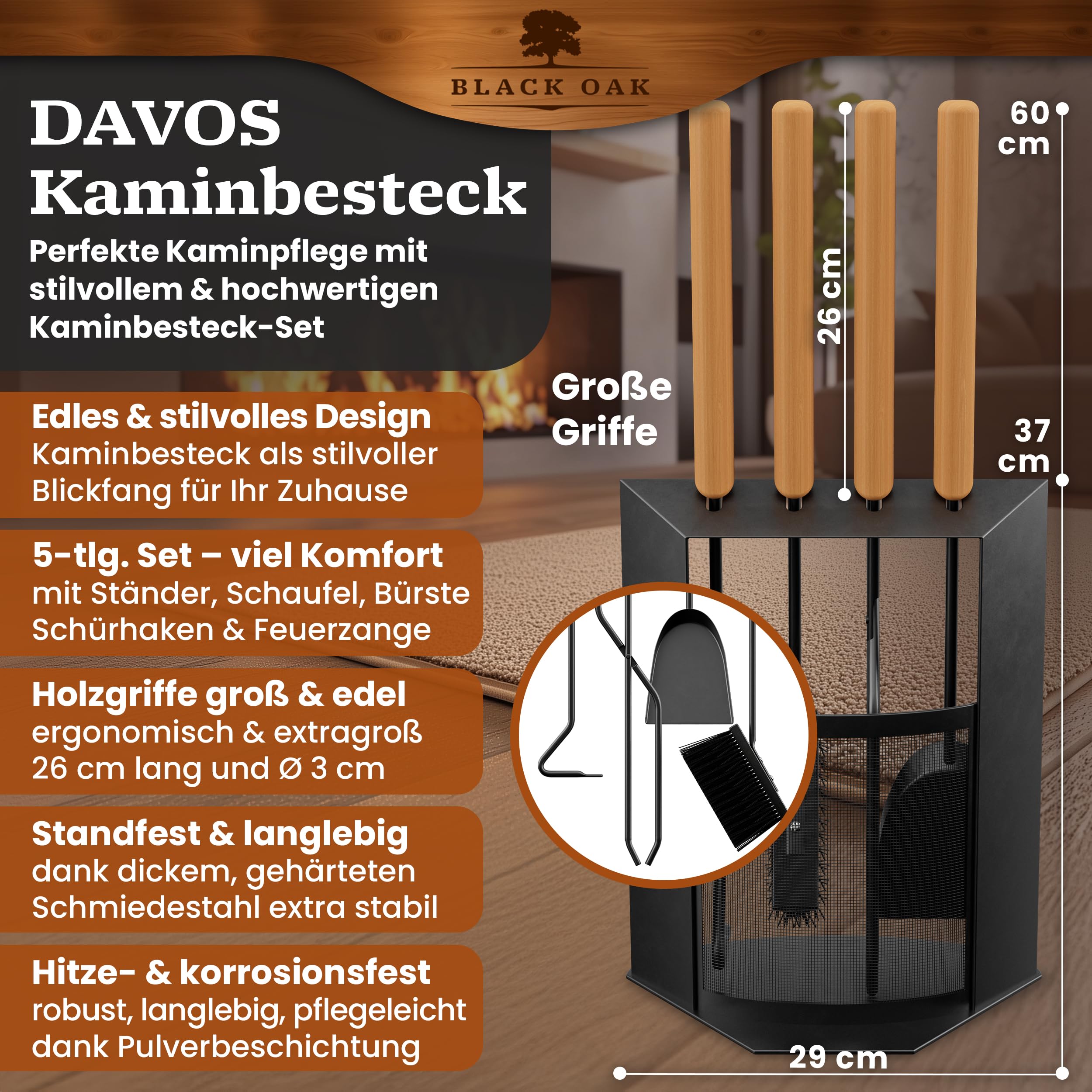 BLACK OAK Kaminbesteck DAVOS 5-teilig - edles & dekoratives Ofenbesteck Set schwarz mit Holzgriff 5 teilig Ständer + Kaminzange Schürhaken Ascheschaufel Kaminbesen Stahl Kaminzubehör Besteck für Ofen