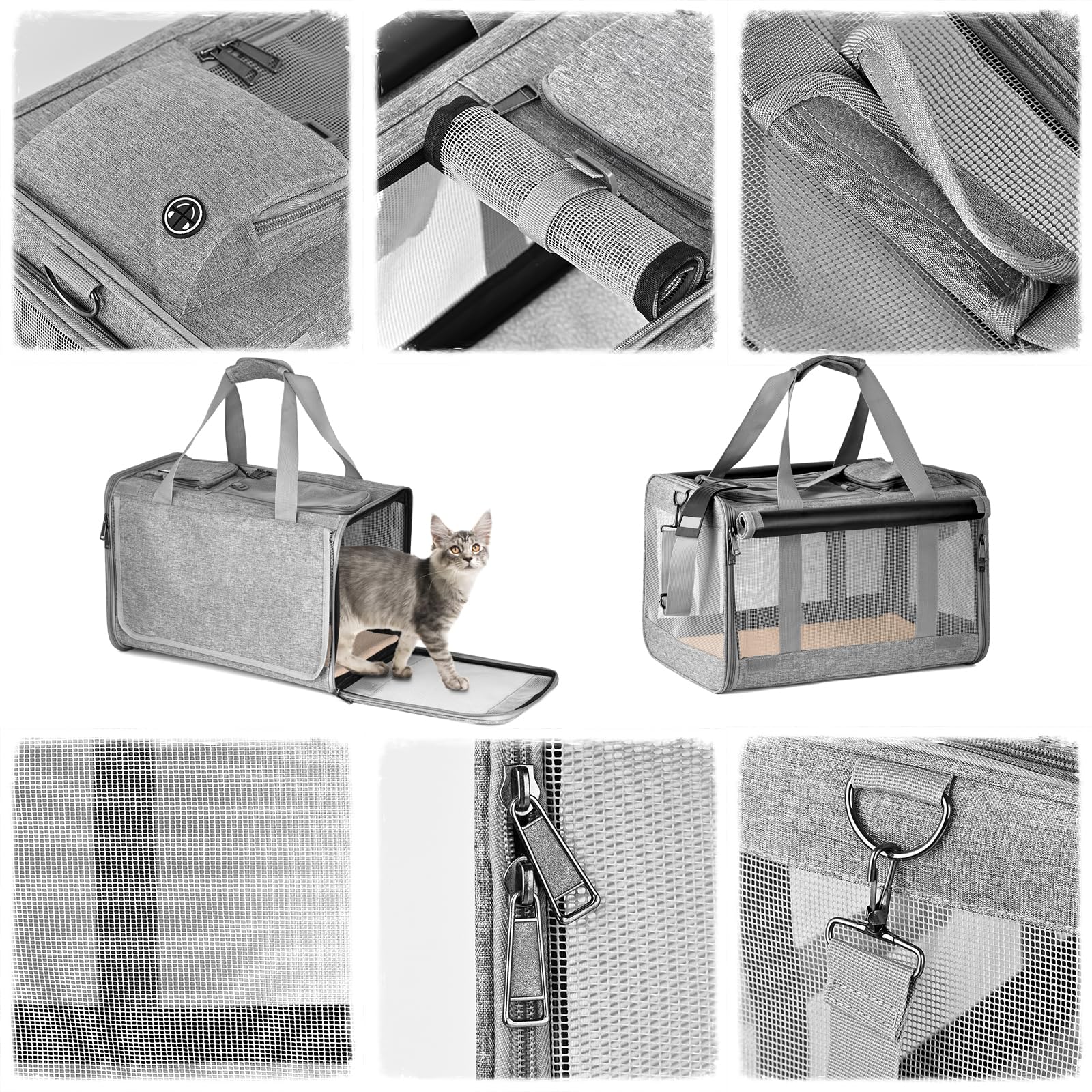 Sac Transport Chat Pliable Caisse de Transport pour Chat Petit Chien Respirant Sac de Transport pour Chaton Sac pour Animal de Compagnie avec Bandoulière Réglable (Gris)