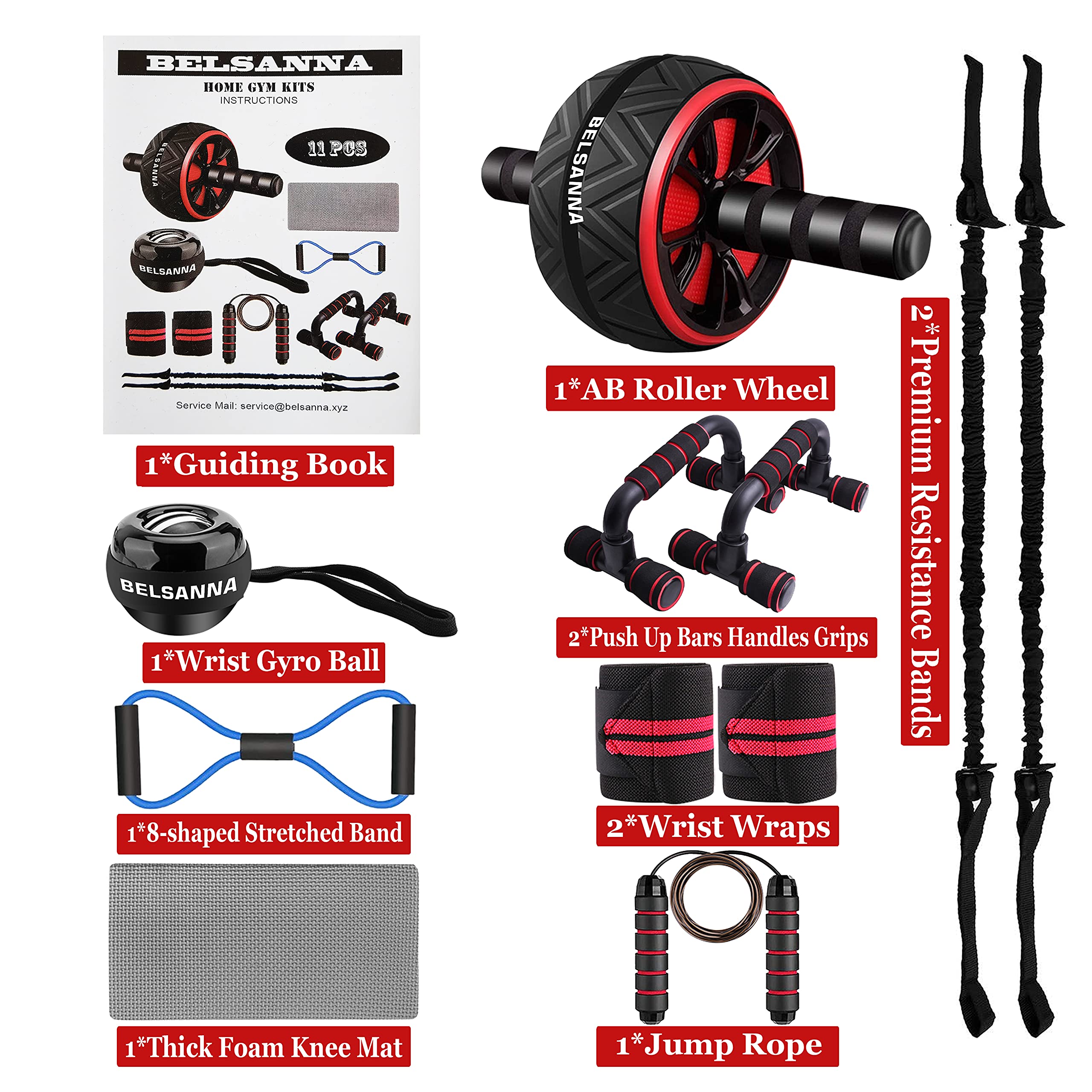 Roue Abdominale 7 En 1 - Kit Complet Avec Bandes Résistance, Barres Pompes, Corde Sauter, Tapis Genoux, Entraînement Maison