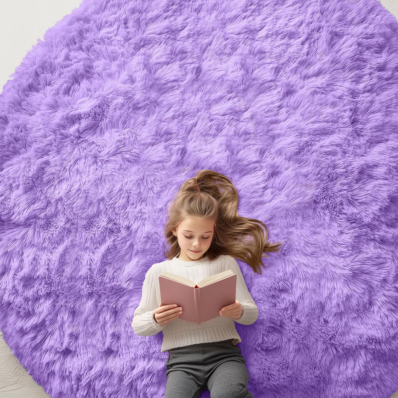 OLANLY Purple Round Rugs for Bedroom Machine Washable Circle Rugs 8'x8' for Living Room, Soft Fluffy Shaggy Rug for Teen Kids Bedrooms, — image 1