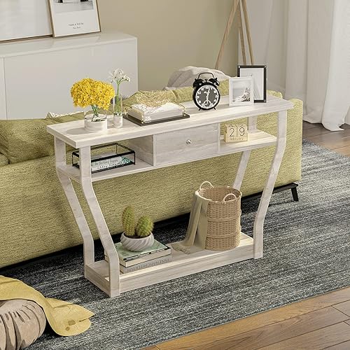 Miniatura 10 de WATERJOY Mesa decorativa de madera moderna de 47 pulgadas con cajón, estante inferior, muebles multifuncionales para el hogar, sala de estar,