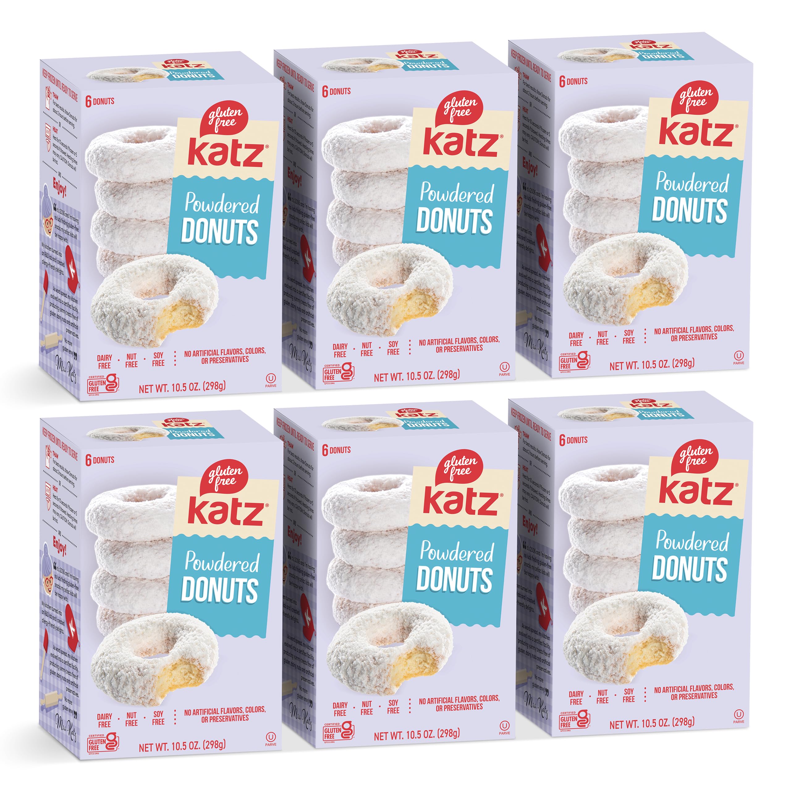 Katz Gluten Free Powdered Donuts | Dairy Free, Nut Free, Soy Free, Gluten Free | Kosher (6 Packs of 6 Donuts, 10.5 Ounce Each)