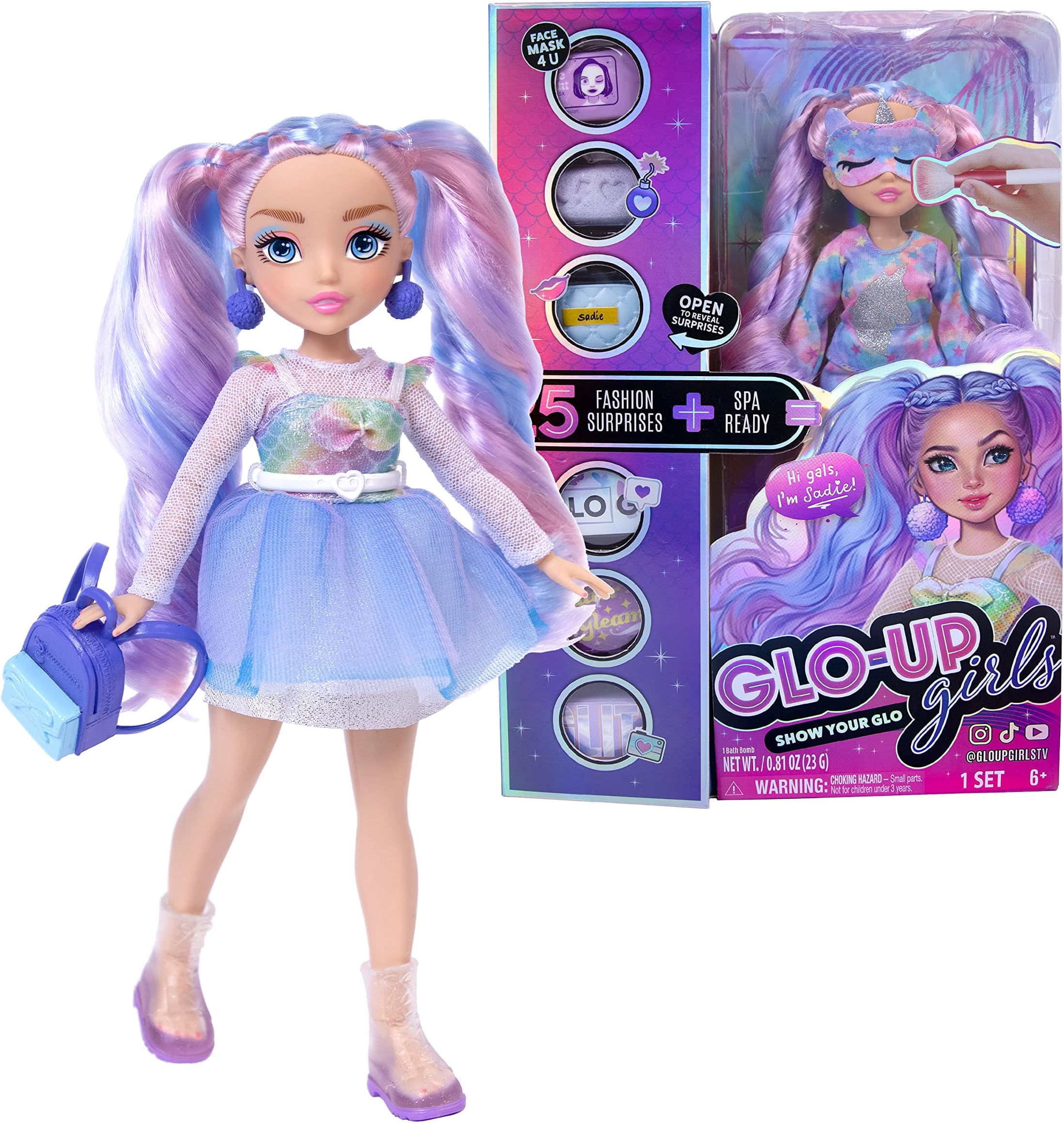 Far Out Toys GLO-UP Girls Sadie Fashion Doll, 25 Fabulous Surprises, Face Masks for Both You & Doll, Accessories, Purses, Bath Bomb, Color-Changing Nail Play