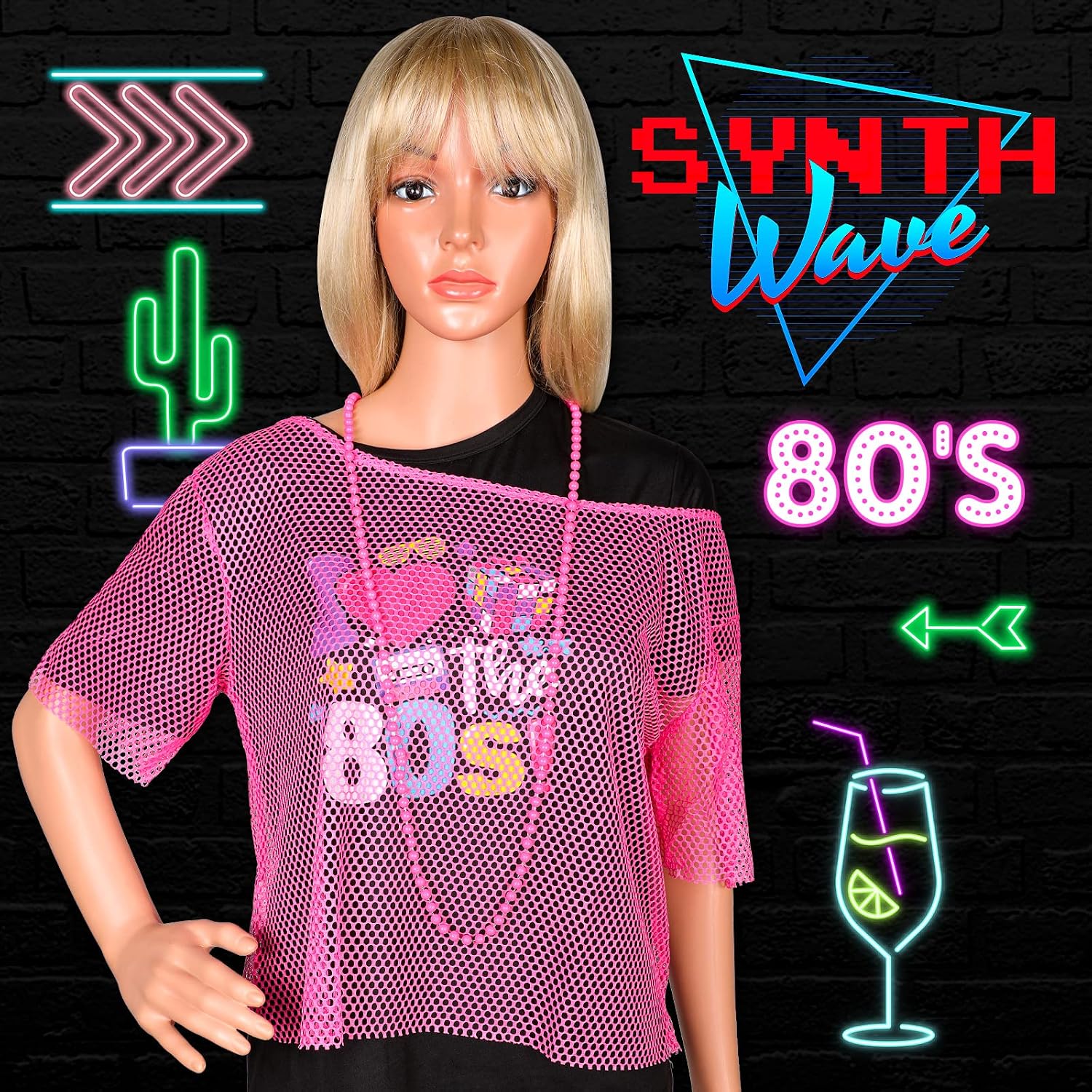 Jadive 80s Neon Fishnet Top Mesh Top Neon Clothes Off Shoulder Fancy Dress Disco Retro Outfit Costume