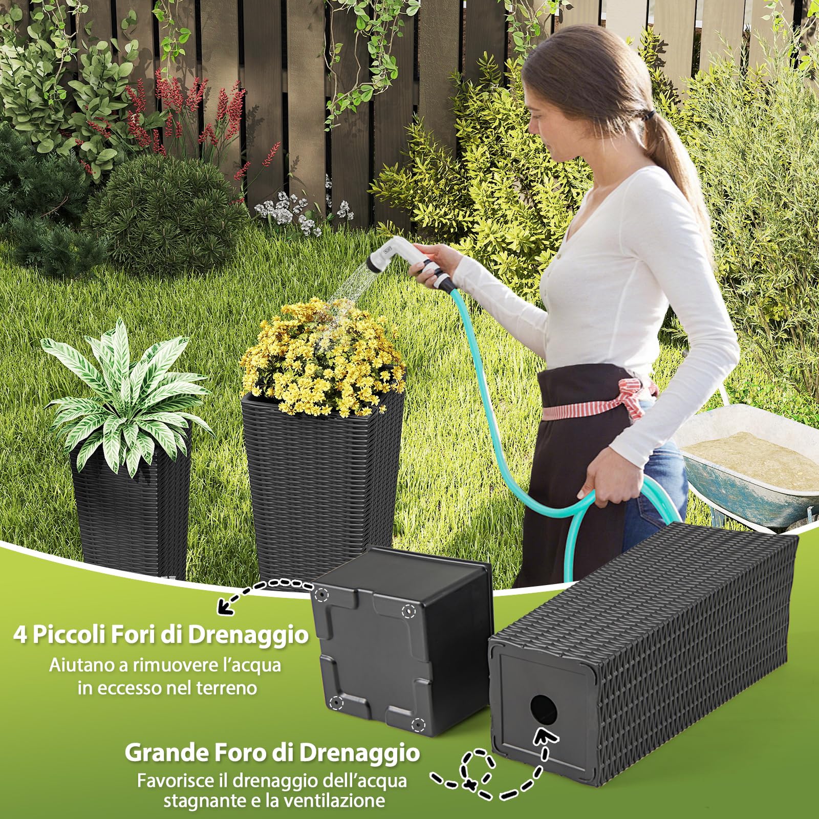 COSTWAY 2 Vasi Alti per Piante da Interno ed Esterno, Grandi Fioriere in Rattan con Vassoi Interni Rimovibili, Fori di Drenaggio, Fioriere Decorative per Giardino, Cortile e Balcone (Nero)