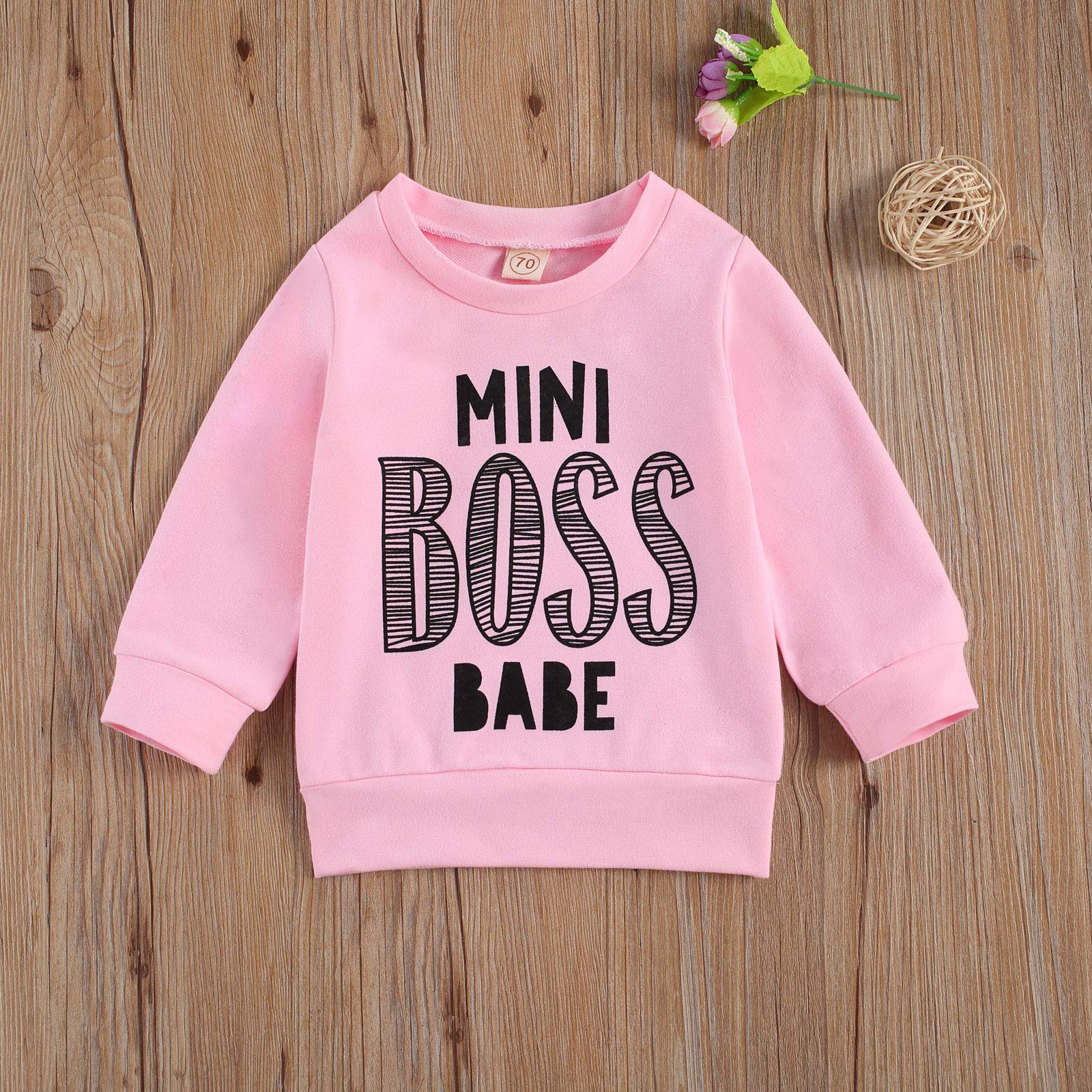Toddler Baby Girl Boy Mini BOSS Babe Letter Print Long Sleeve Sweatshirt/Hoodie Black/Pink Outfits (Pink Crew Neck, 6-12 Months)