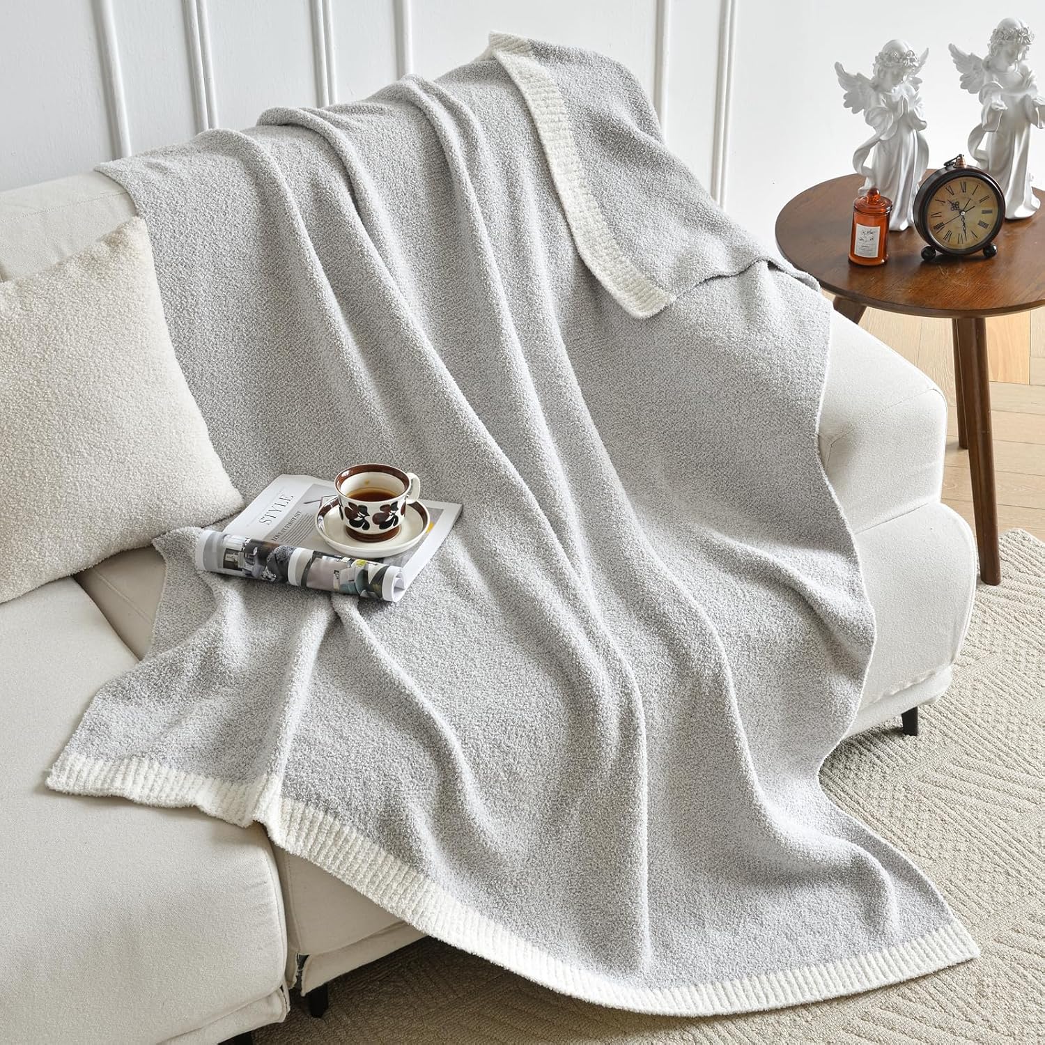 Throw Blanket for Couch, Reversible Super Soft Fluffy Knit Blankets, Lightweight Cozy Blankets with Fuzzy Plush for Sofa Bed (Grey, Throw 50""x 60"") - Image 2