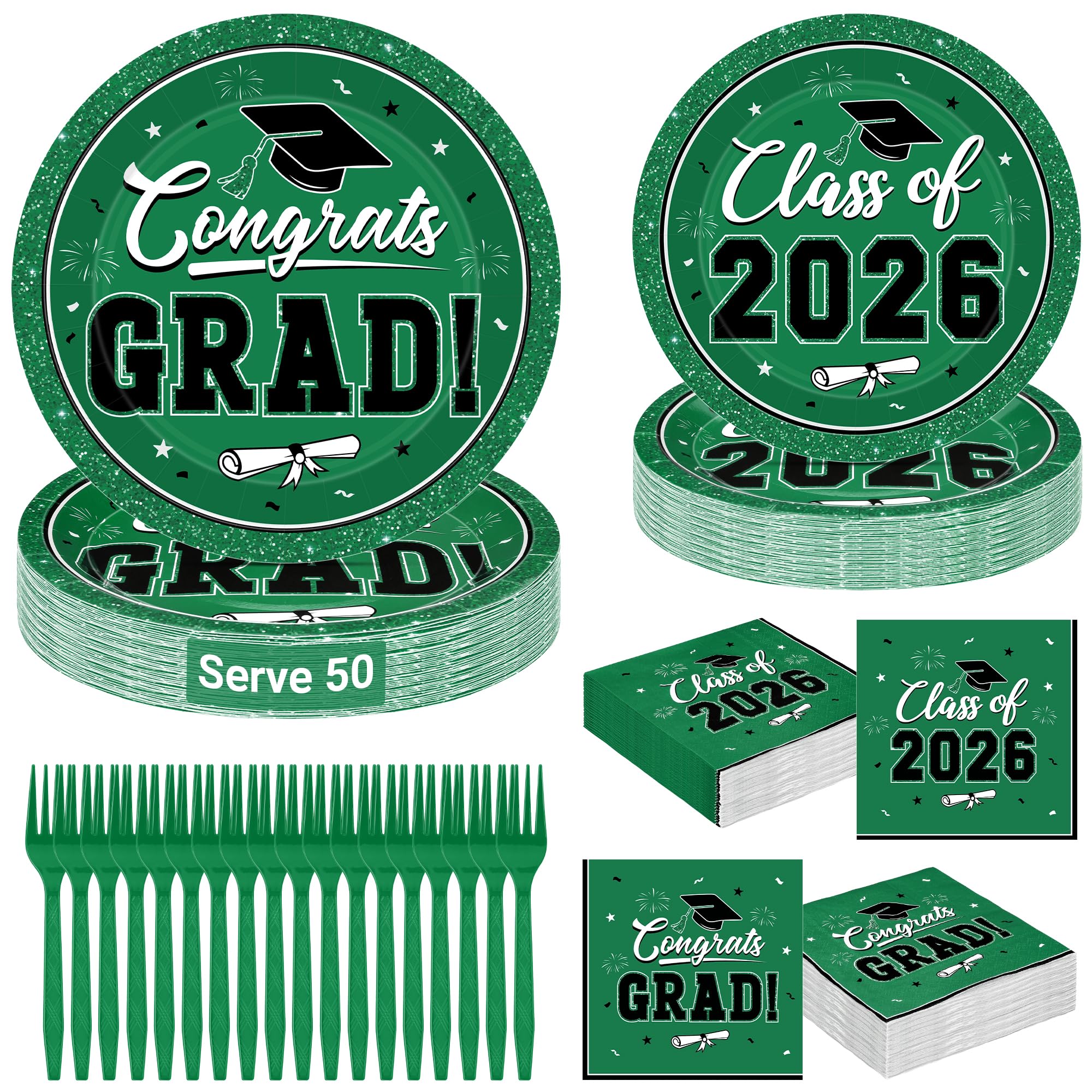QZYL 200Pcs Graduation Party Supplies, Green Graduation Plates and Napkins, Disposable Grad Dessert Plates and Plastic Forks, Grad Party Decorations for 50 Guests