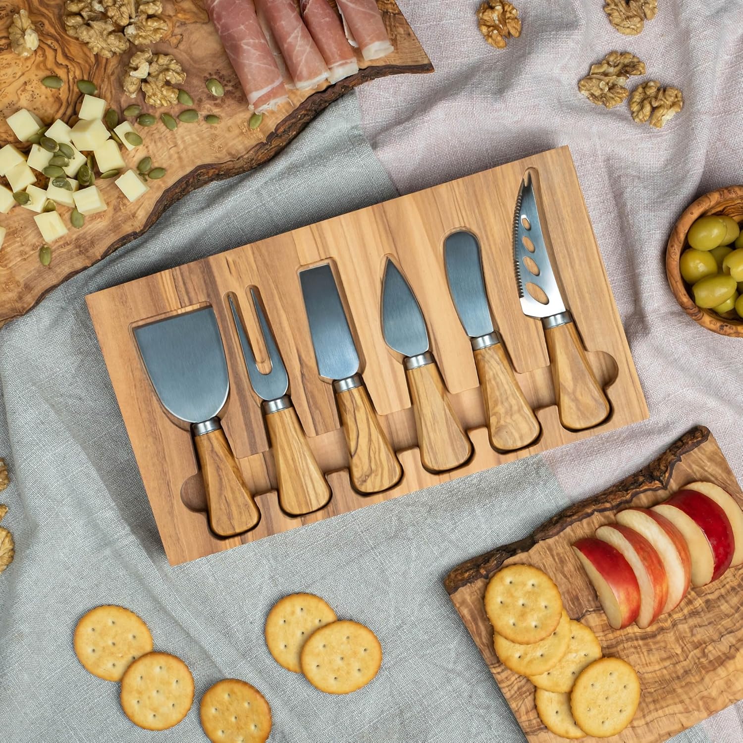 Forest Decor Cheese Knives Set with Premium Olive Wood Holder | Stainless Cheese Knifes for Charcuterie Board & Cheese Spread | Housewarming Gift for Party, Wedding, and Christmas - 6 Piece Set