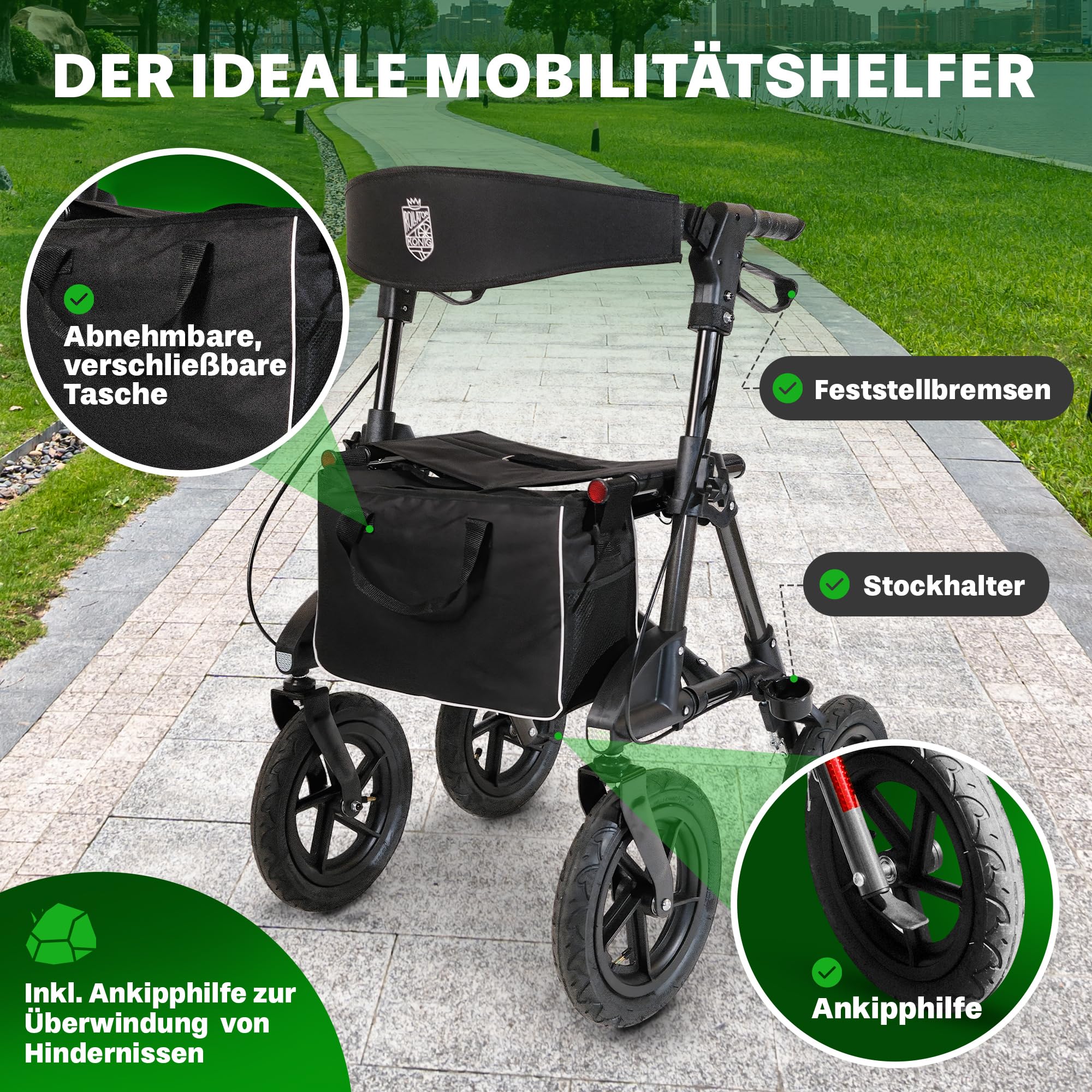 Rollator mit Luftbereifung (30 cm) bequemem Sitz und Lehne - robust leicht und faltbar. Der ideale Geländerollator für draußen in Titanschwarz
