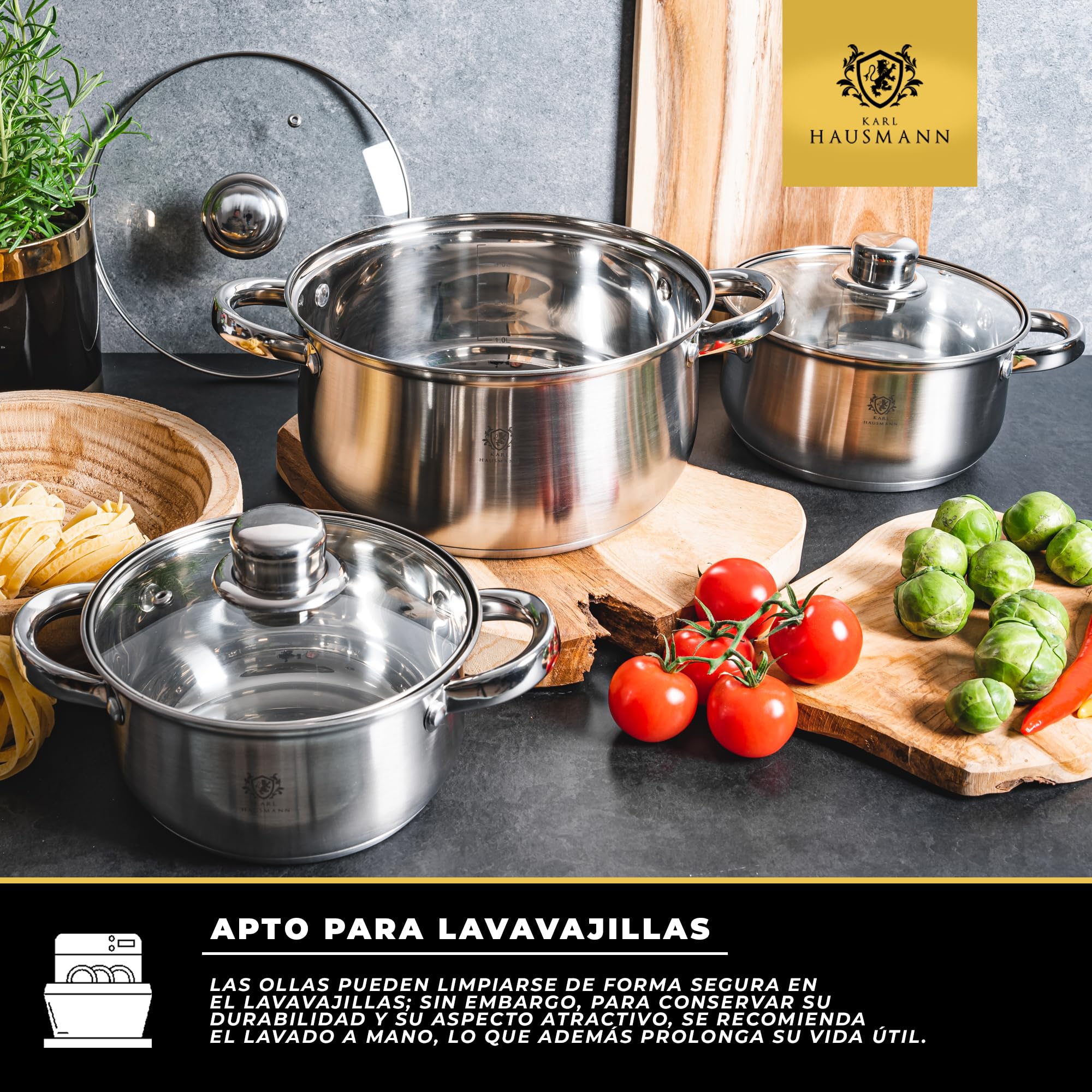 KARL HAUSMANN Bateria Cocina Acero Inoxidable con Tapa de Vidrio - Juego de 3 Ollas para Inducción, Fondo Multicapa, Válidas para Todo Tipo de Cocinas, Aptas para Lavavajillas