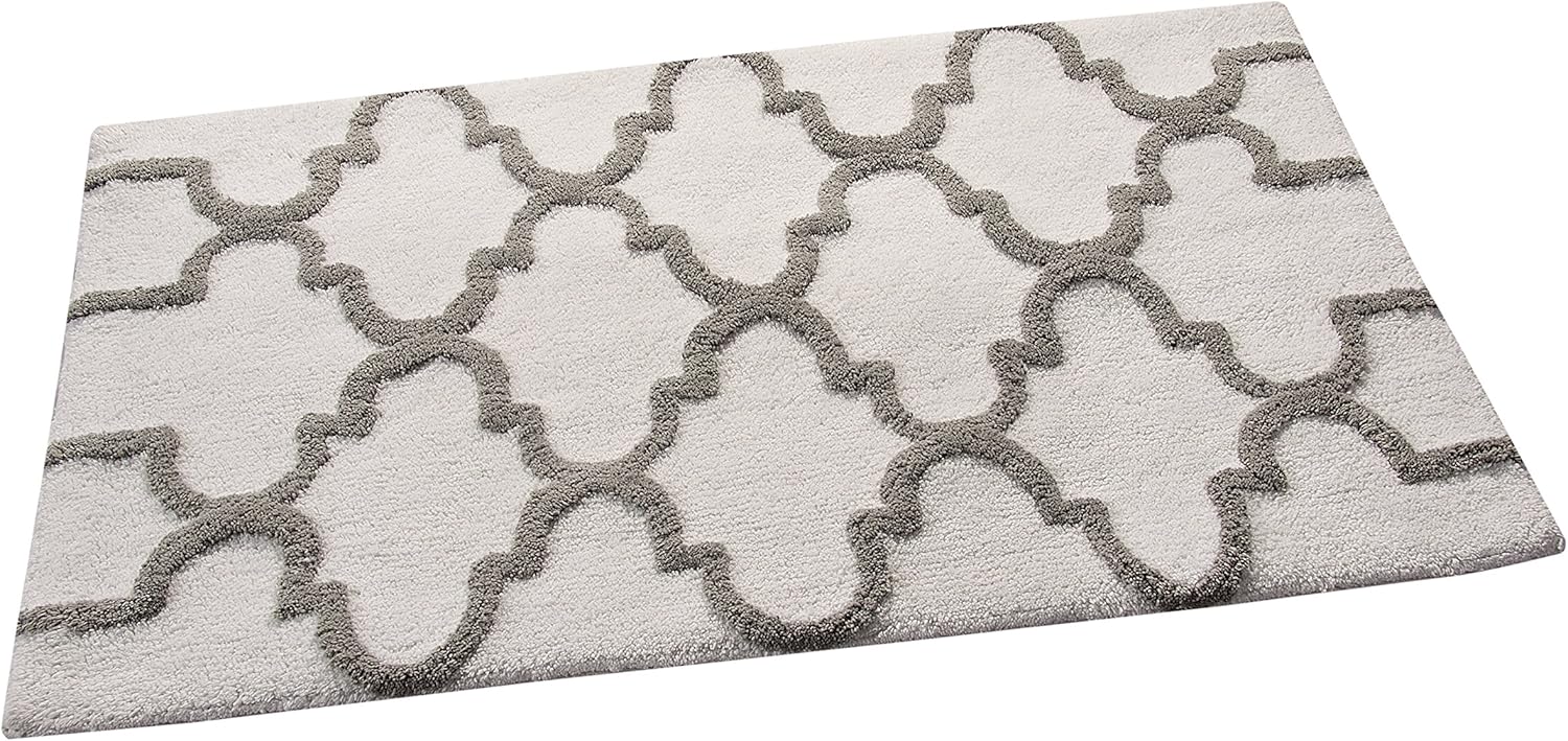 Bath Rug 100% Soft Cotton, Size 36x24 Inch, Latex Spray Non-Skid Backing, White/Grey Color, Geometric Pattern, Hand Tufted, Heavy 190 GSF Weight, Machine Washable, Rectangular Shape