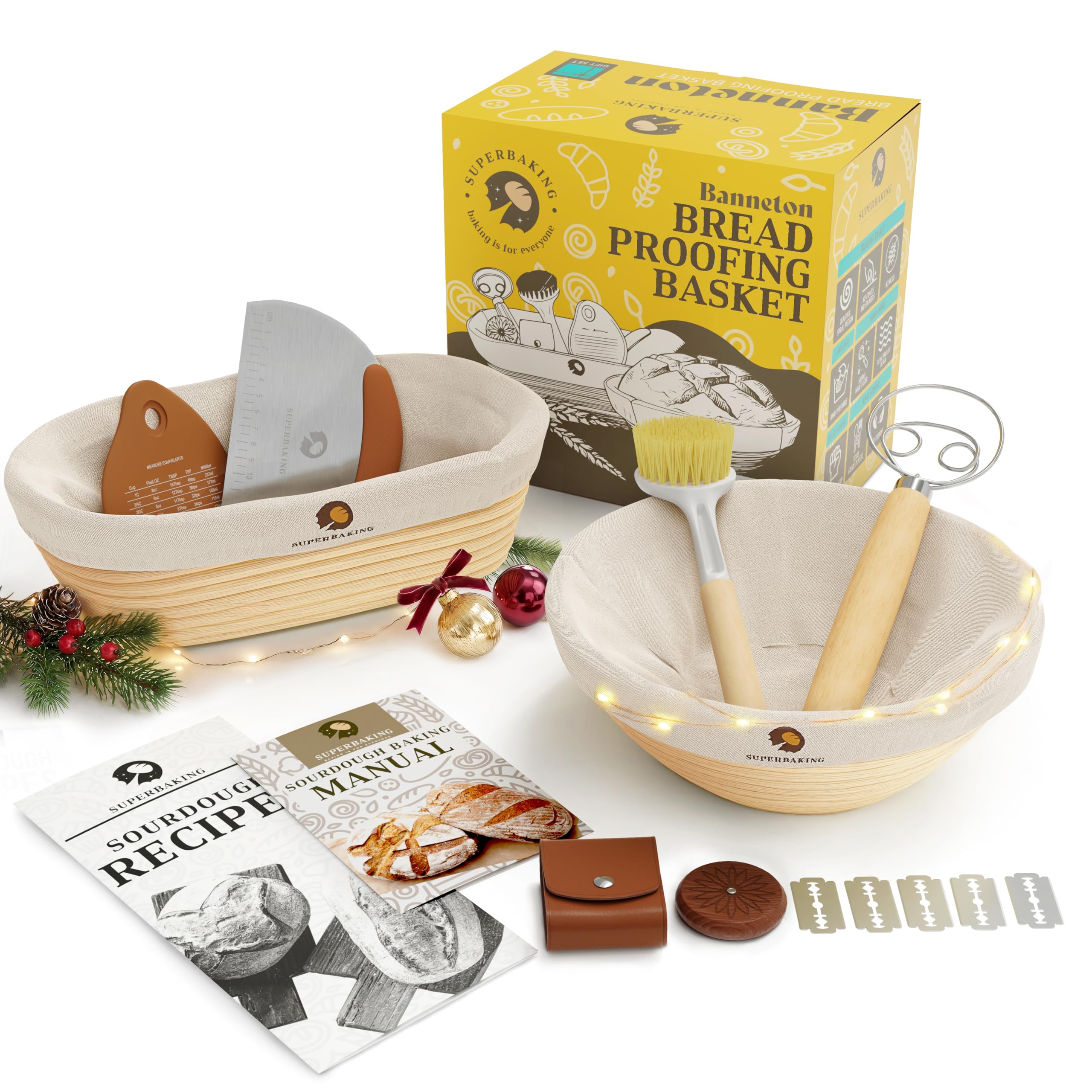 Superbaking Sourdough Proofing Basket Gift Set, Round 9" & Oval 10" Banneton, Sourdough Starter Kit, Sourdough Banneton Basket, Banneton Bread Proofing Basket Set of 2, Sourdough Bread Baking Supplies