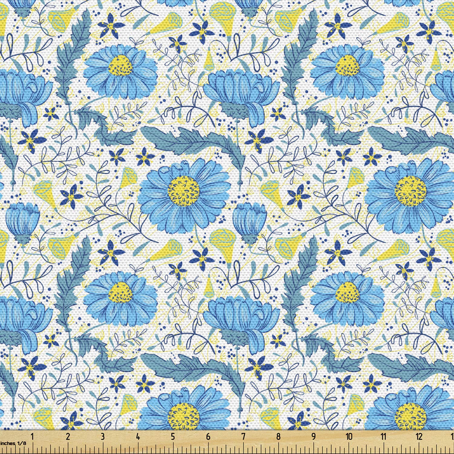 Lunarable Blue Floral Fabric by The Yard, Refreshing Daisy Field Pattern with Doodle Leaves and Little Blossoms, Decorative Fabric for Upholstery and Home Accents, 2 Yards, Yellow Ivory