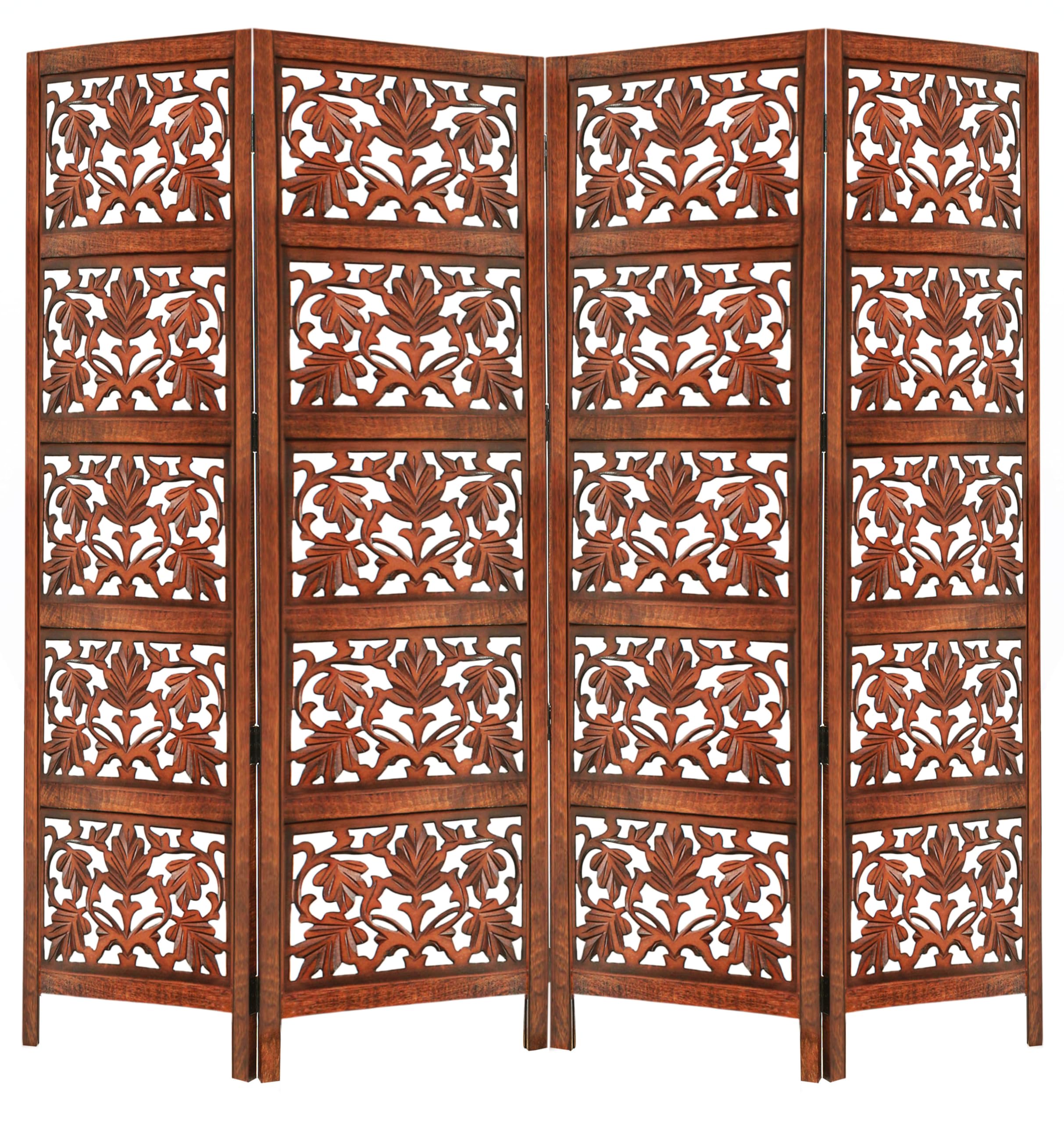 Room Divider Wood Screen - Padma Brown - 4 Panel Folding 72 x 80 - Hand Carved Decorative Functional Versatile Portable Small Spaces Partition - Reversible Freestanding Panel Screen - COTTON CRAFT