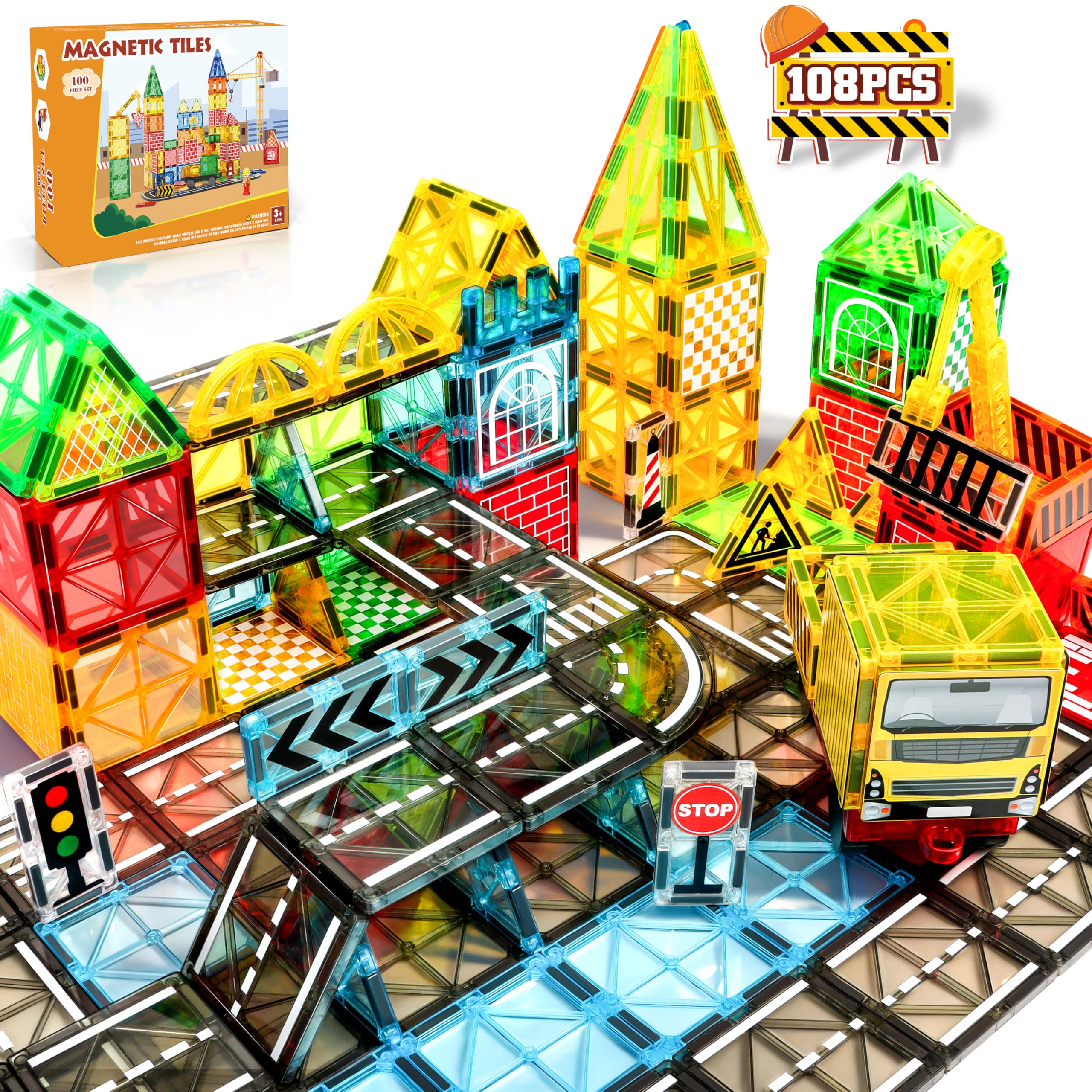 YOOHBERRYS Costruzioni Magnetiche Strada, Costruzioni Magnetiche per Bambini 100 pezzi con Gru e Building, Tessere Magnetiche Blocchi Magnetici Giocattoli Tiles Magnetic 3 4 5 6 anni