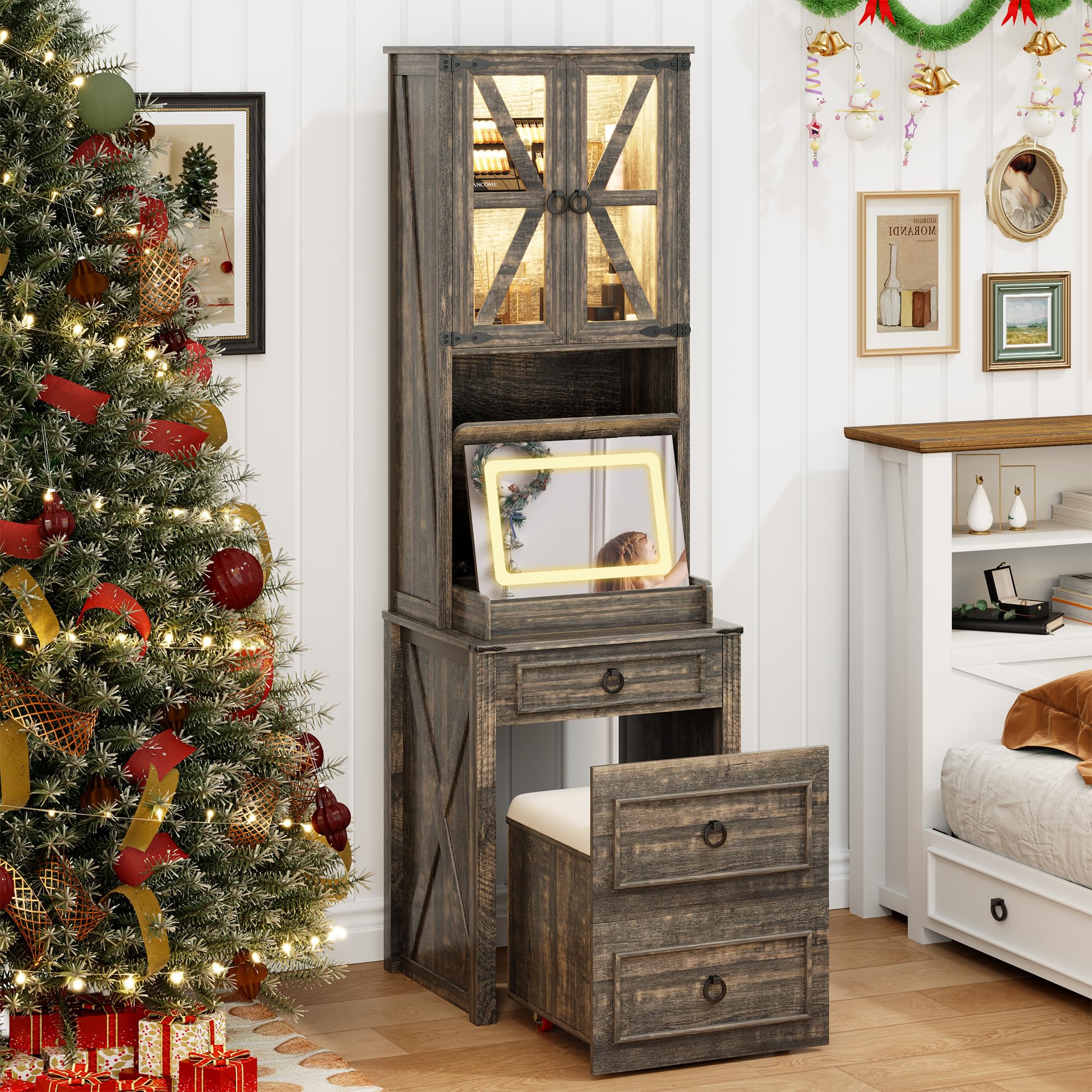 FREDEES Vanity Desk with Mirror,Small Makeup Vanity Set with Customizable Lighting,Compact Makeup Vanity Desk with Hidden Storage and Comfortable Stool,Dressing Table for Bedroom,Brown