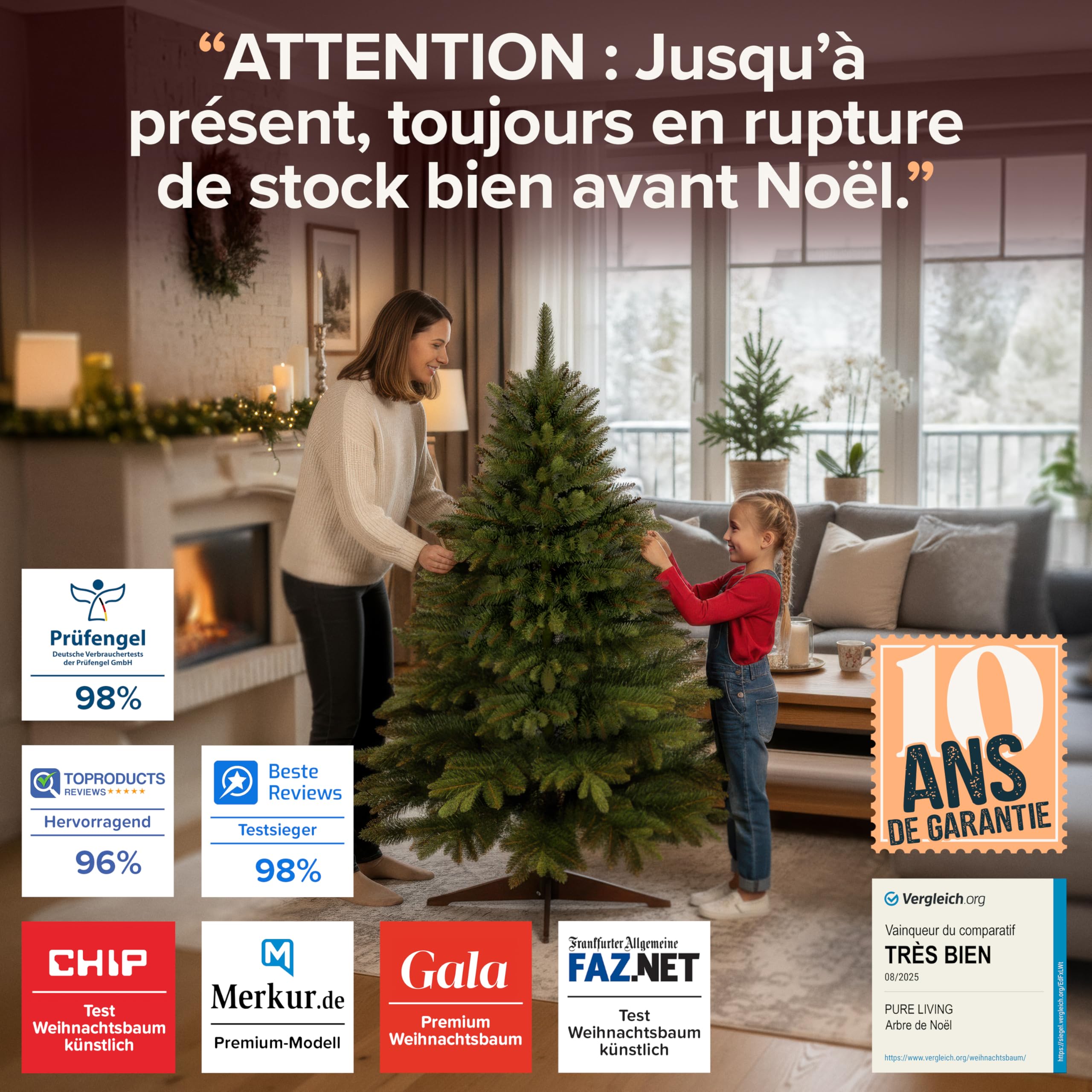 Sapin de Noël Artificiel Premium 150 cm - Gagnant du Test - Réalisme Exceptionnel, Branches épaisses, livré avec Support en Bois et Sac de Rangement – Pure Living
