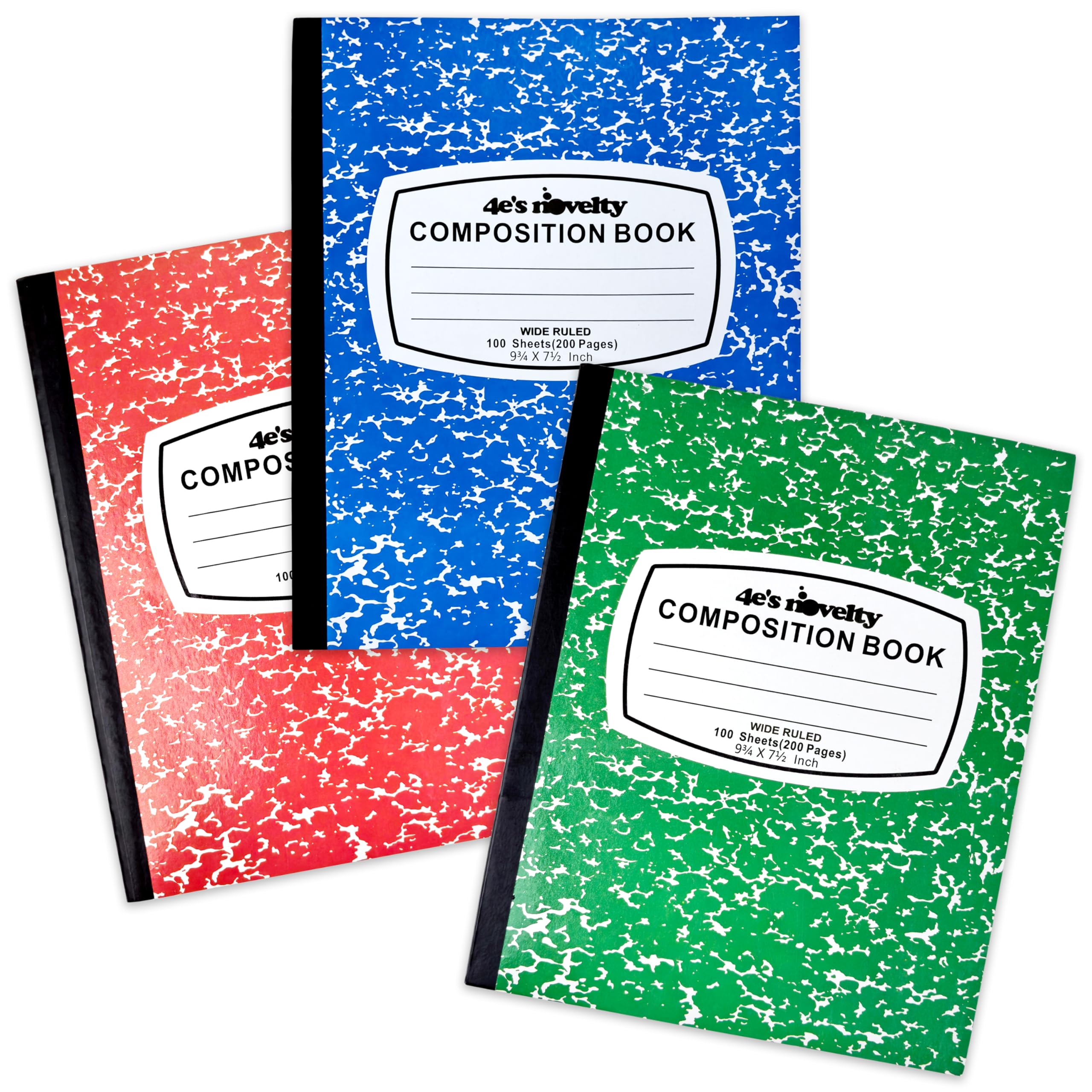 4E's Novelty Wide Ruled Composition Notebooks - Pack of 3-100 Sheets 9.75" x 7.5" - Hard Cover Red Blue Green Cute Marble Colors, Bulk Compositon Book