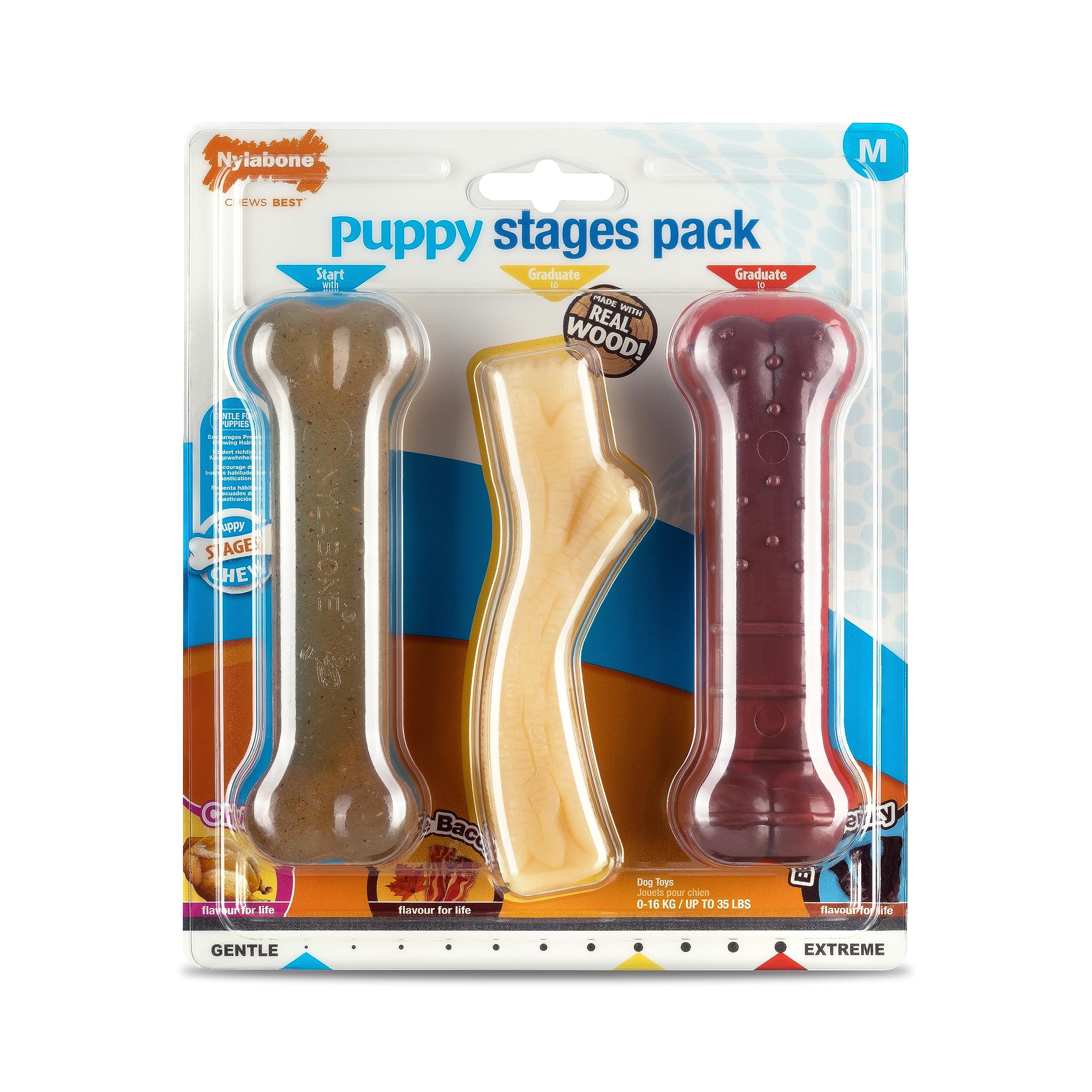 Nylabone Szczeniak Stages potrójne opakowanie, delikatny kurczak do żucia, Graduate Maple Bacon Wood Stick, Graduate Beef Jerky Extreme Bone, rozmiar M (1 opakowanie 3 zabawek do żucia)