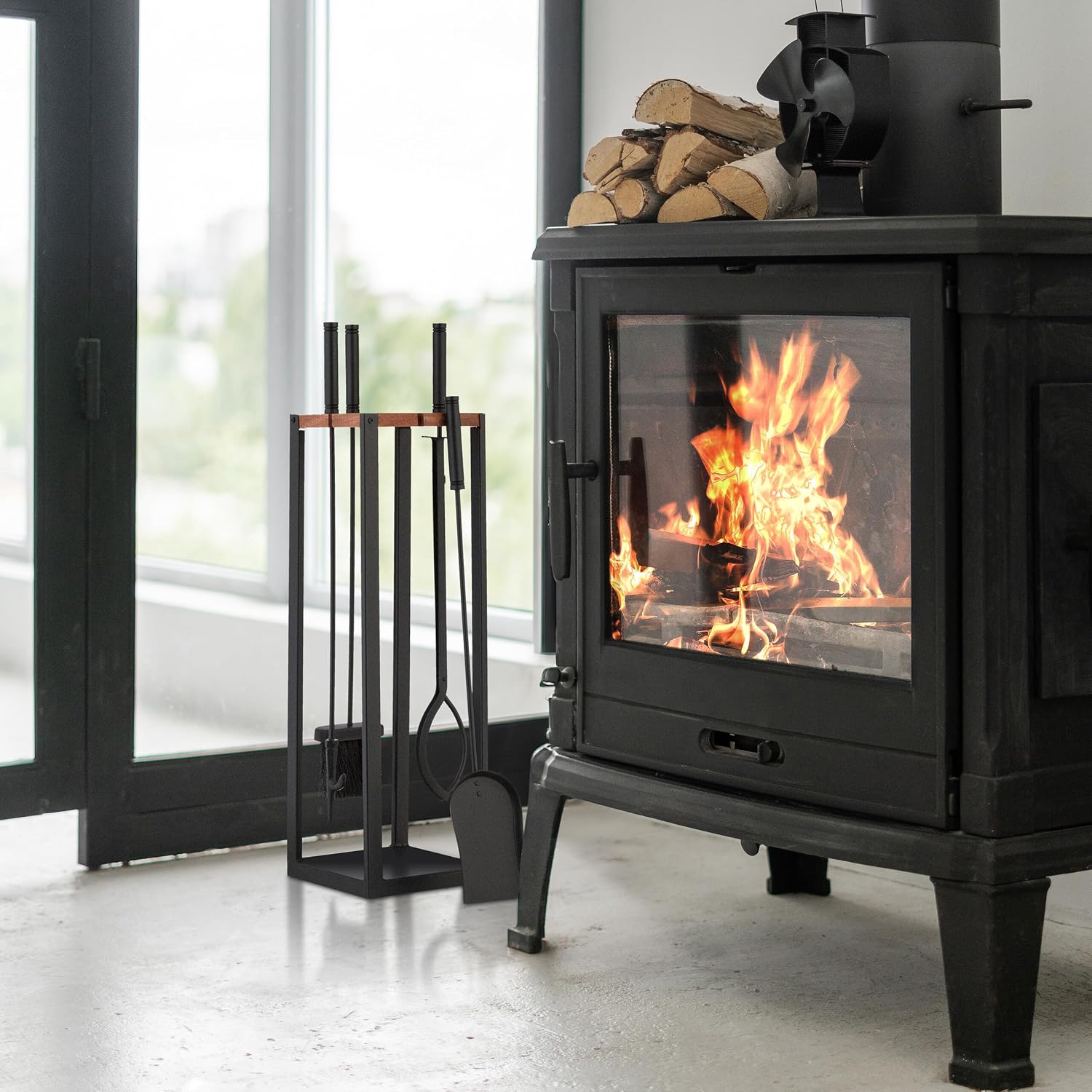 Relaxdays Fireplace Set 5 Pieces with Ash Scoop and Poker, Broom, Stove Tongs and Stand, Metal and Wood, Modern, Black/Brown