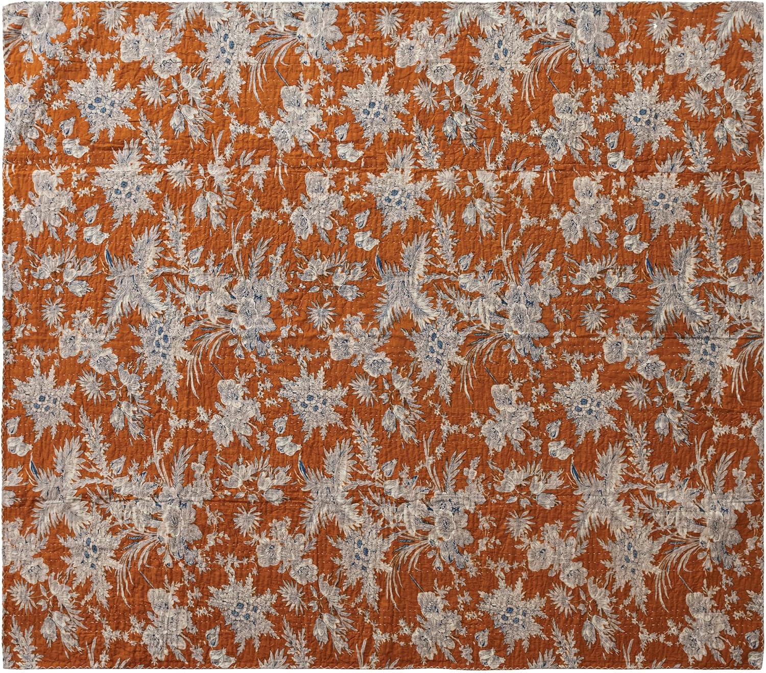 Creative Co-Op Cotton Voile Printed Throw with Florals and Hand-Embroidered Kantha Stitch, Gold Color, Blue and White