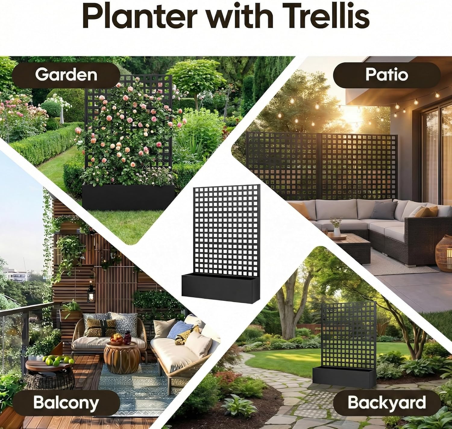 TABU Metal Planter Box with Trellis, 71"x47"x16" Galvanized Steel Raised Garden Bed with Privacy Screen, Multi-Functional Outdoor Standing Planter with Drainage Holes for Climbing Plants, Black