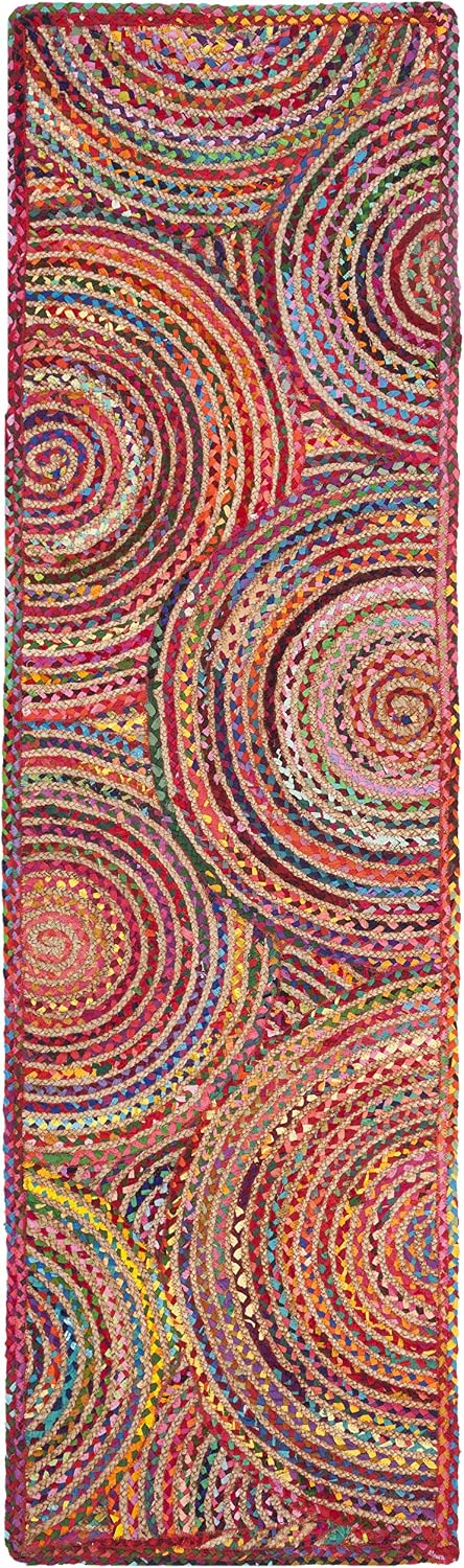 SAFAVIEH Cape Cod Collection Runner Rug - 2'3" x 12', Red & Multi, Handmade Boho Braided Circles Jute & Cotton, Ideal for High Traffic Areas in Living Room, Bedroom (CAP203A)