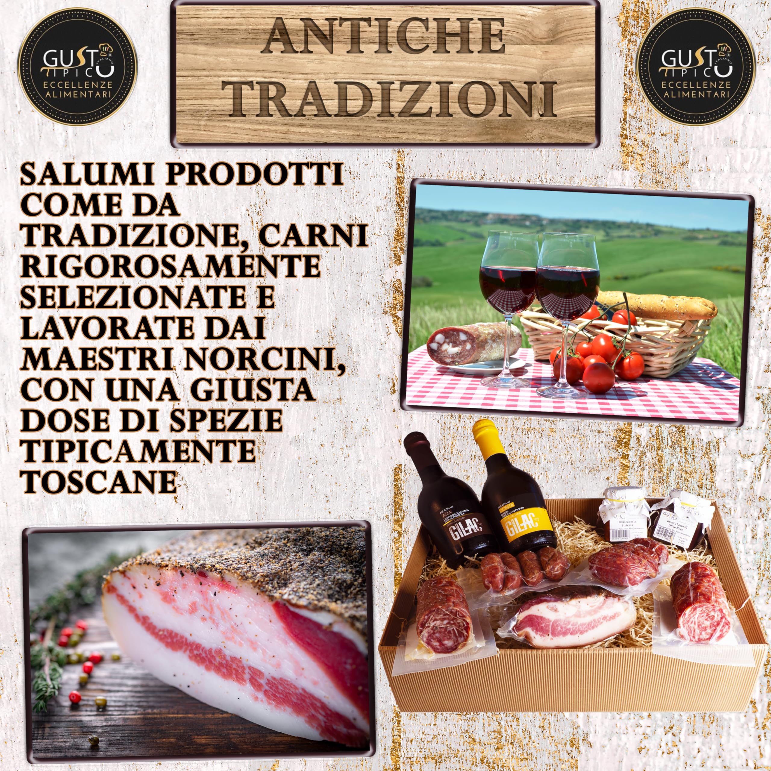 GUSTO TIPICO ITALIANO Cesta Natale 2024 | Cesto Gastronomico Natalizio Salumi Italiani Artigianali con Guanciale, Salame Toscano di Maiale e Cinghiale, Birra Gilac, Salsicce, Bruscapasta
