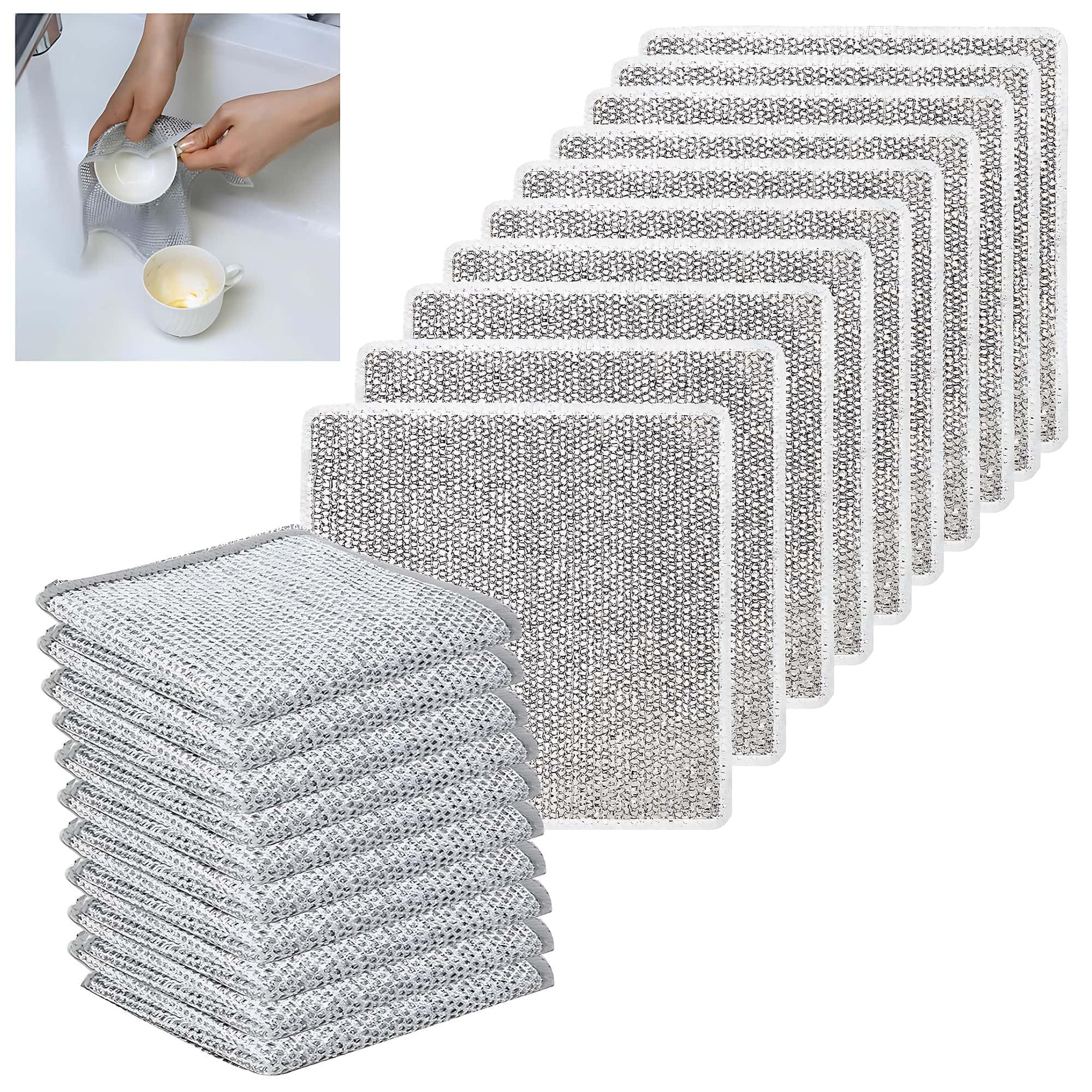 HonTaseng 10PCS Multipurpose Wire Dishwashing Rags for Wet and Dry Use, Non-Scratch Scrubbing Wire Dishcloth, Reusable Cleaning Cloths for Kitchen, Lint-Free Duster Cloth