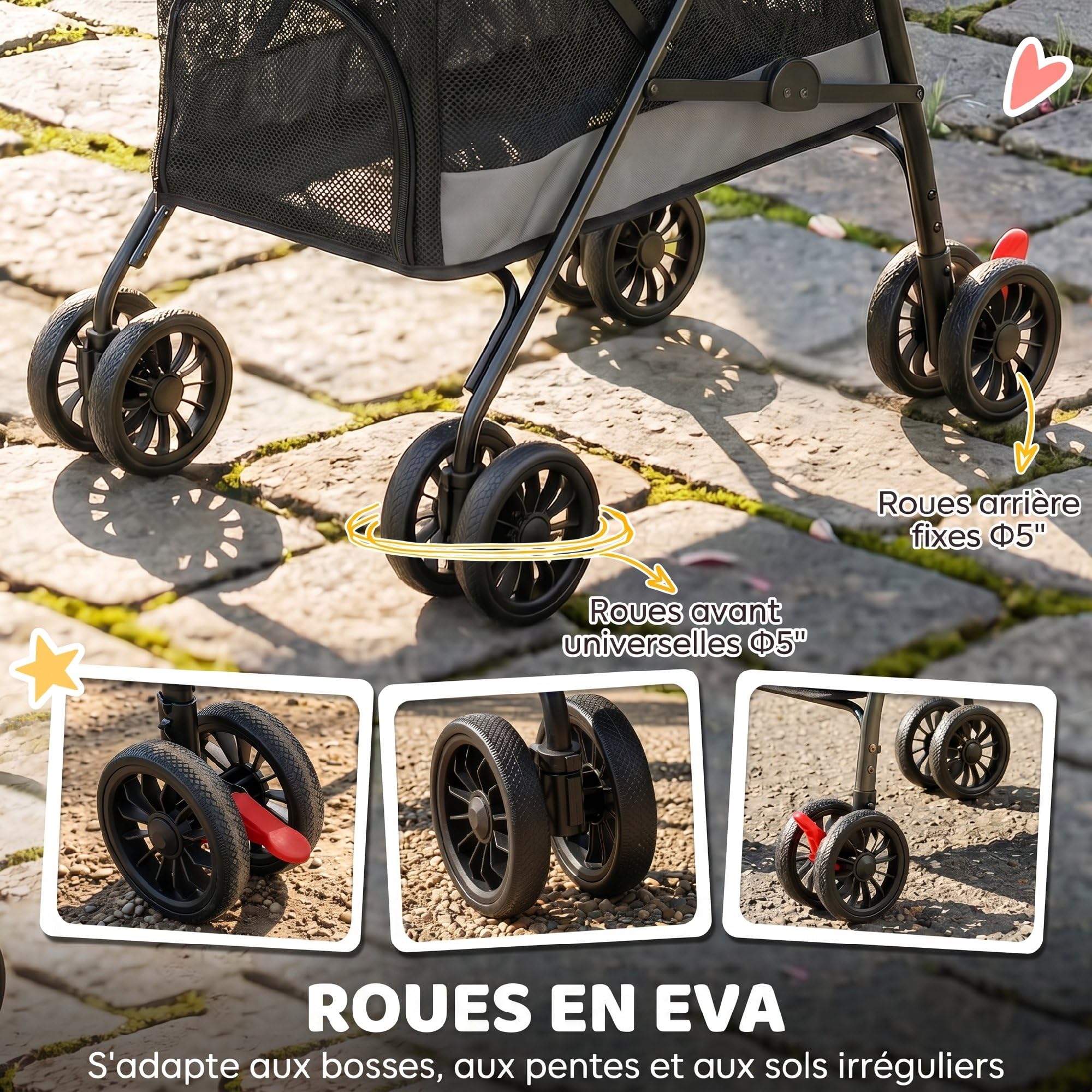 PawHut Poussette pour Chien avec 4 Roues EVA, Chariot Pliable avec Fenêtres en Maille, Frein, Laisses de Sécurité, Coussin Amovible, Plateau de Rangement, Porte-Gobelet, pour Petits Chiens, Gris