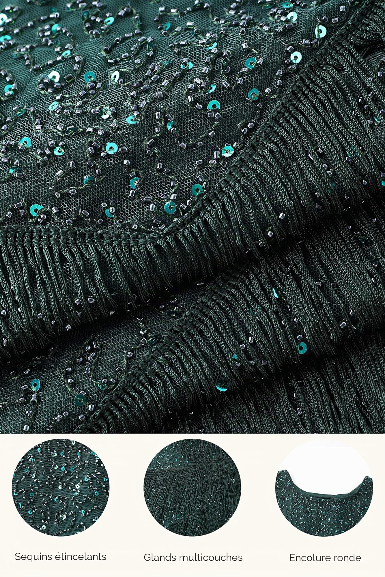 Coucoland Robe de soirée élégante à col Rond avec Franges Multicouches années 20 Style rétro