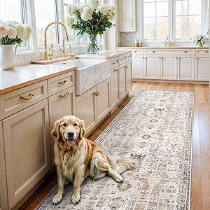 Madane Hallway Runner 3x8, Kitchen Rugs Washable Entryway Rug Vintage Kitchen Runners Non Slip Indoor Area Rug Farmhouse Carpet Runner for Bathroom Living Room Bedroom (3 X 8, Brown/Gold)