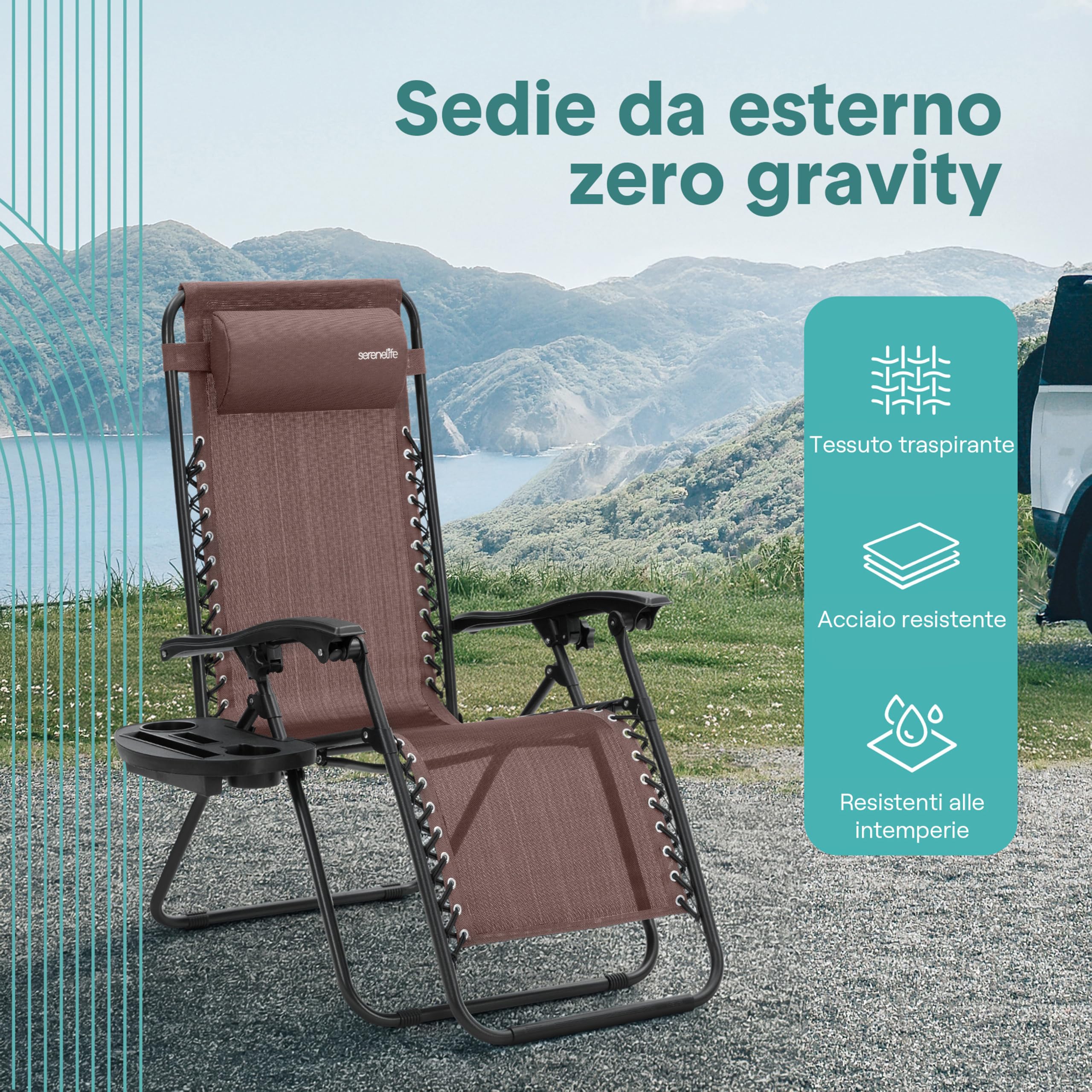 SereneLife Set di 2 Sedie Sdraio Reclinabili da Giardino, Struttura in Rete d’Acciaio, Sedie da Esterno Pieghevoli con Vassoio Portabicchieri Rimovibile e Cuscini Removibili