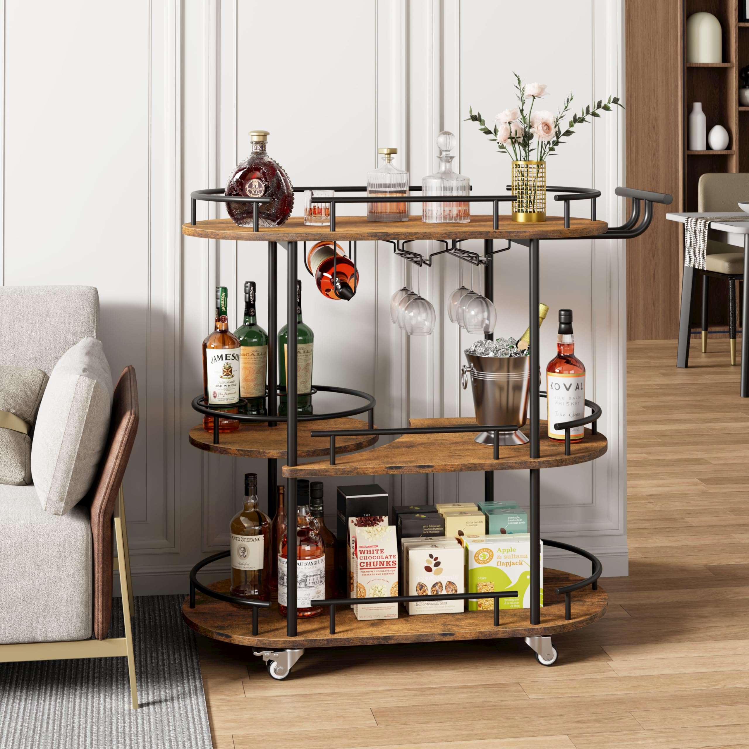 GarveeHome 3-Tier Bar Cart on Wheels, Mobile Serving Cart with Wine Rack and Glass Holder, Metal Kitchen Utility Cart for Coffee Station, Mini Home