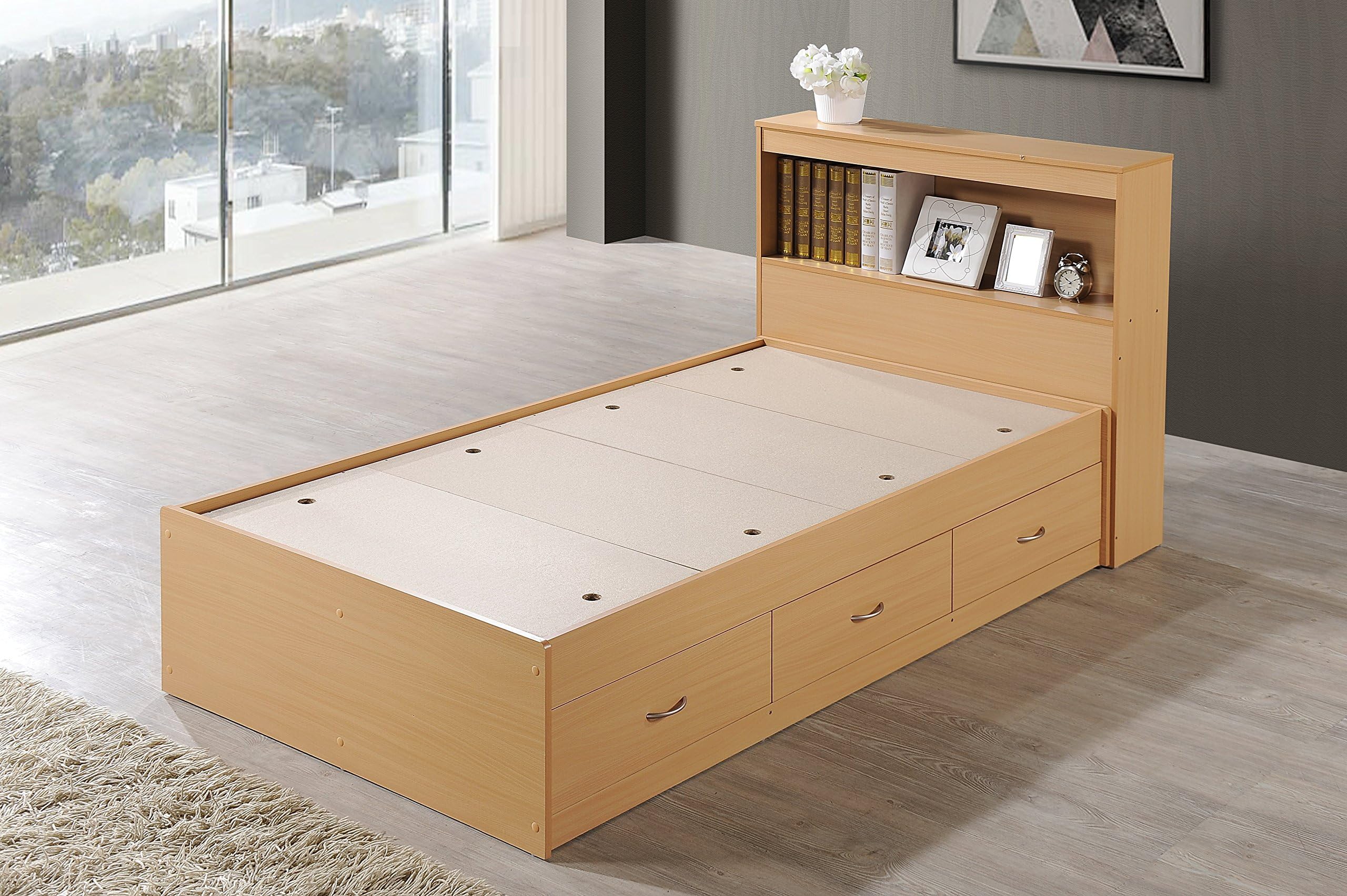 Hodedah Storage Bed with Bookcase Headboard, Beech