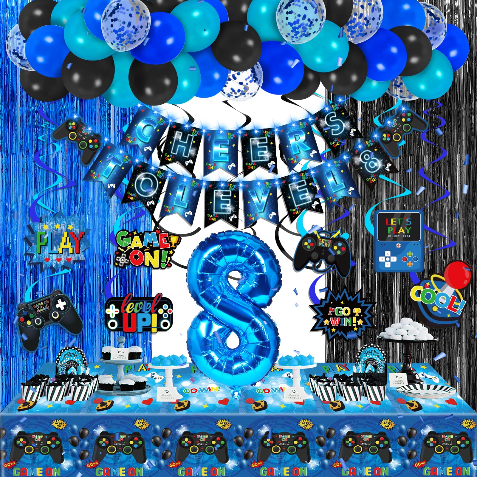 Video Game 8th Birthday Party Decorations Blue Black Cheers to Level 8 Banner Hanging Swirls Balloons Garland Arch Foil Curtains Backdrops Tablecloth