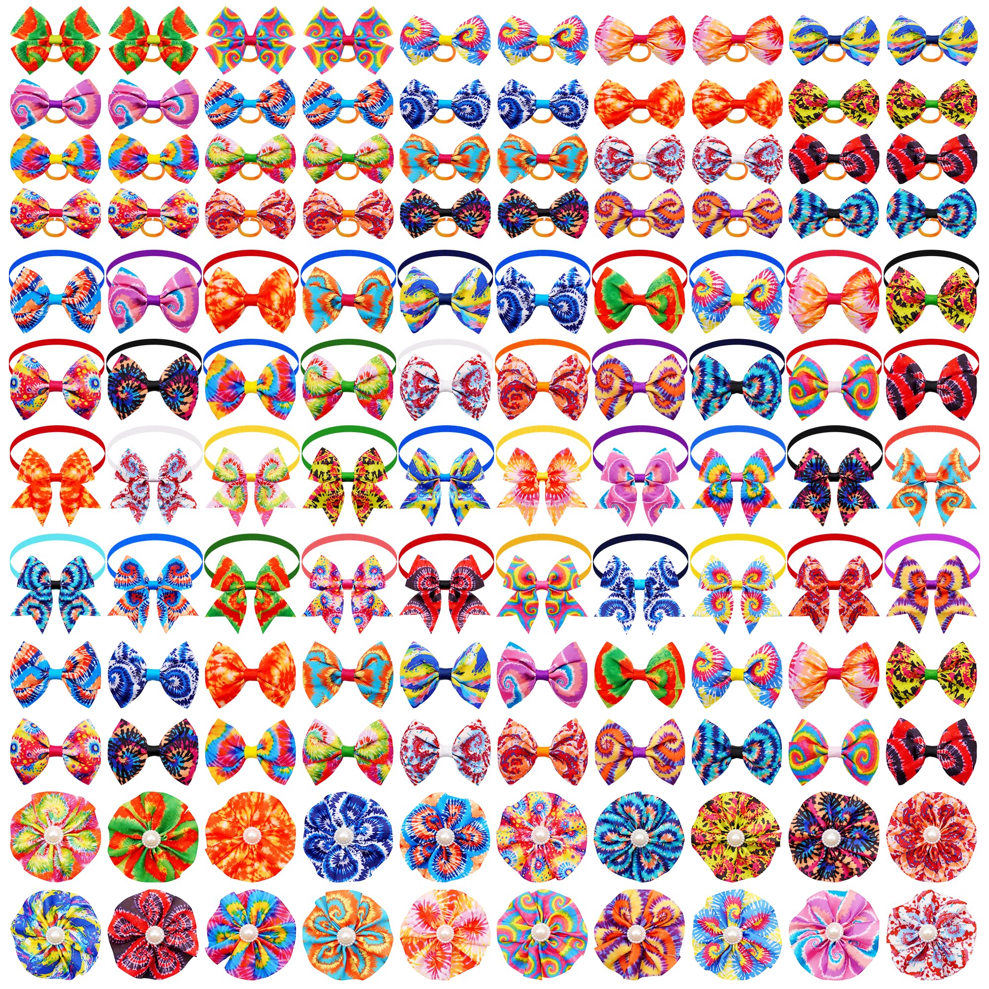 La confezione da 120 fiocchi per cani tie dye include 60 collari per cani, fiori e papillon, 20 papillon con collare regolabile, 40 fiocchi per capelli per ragazze, femmine, ragazzi, cani